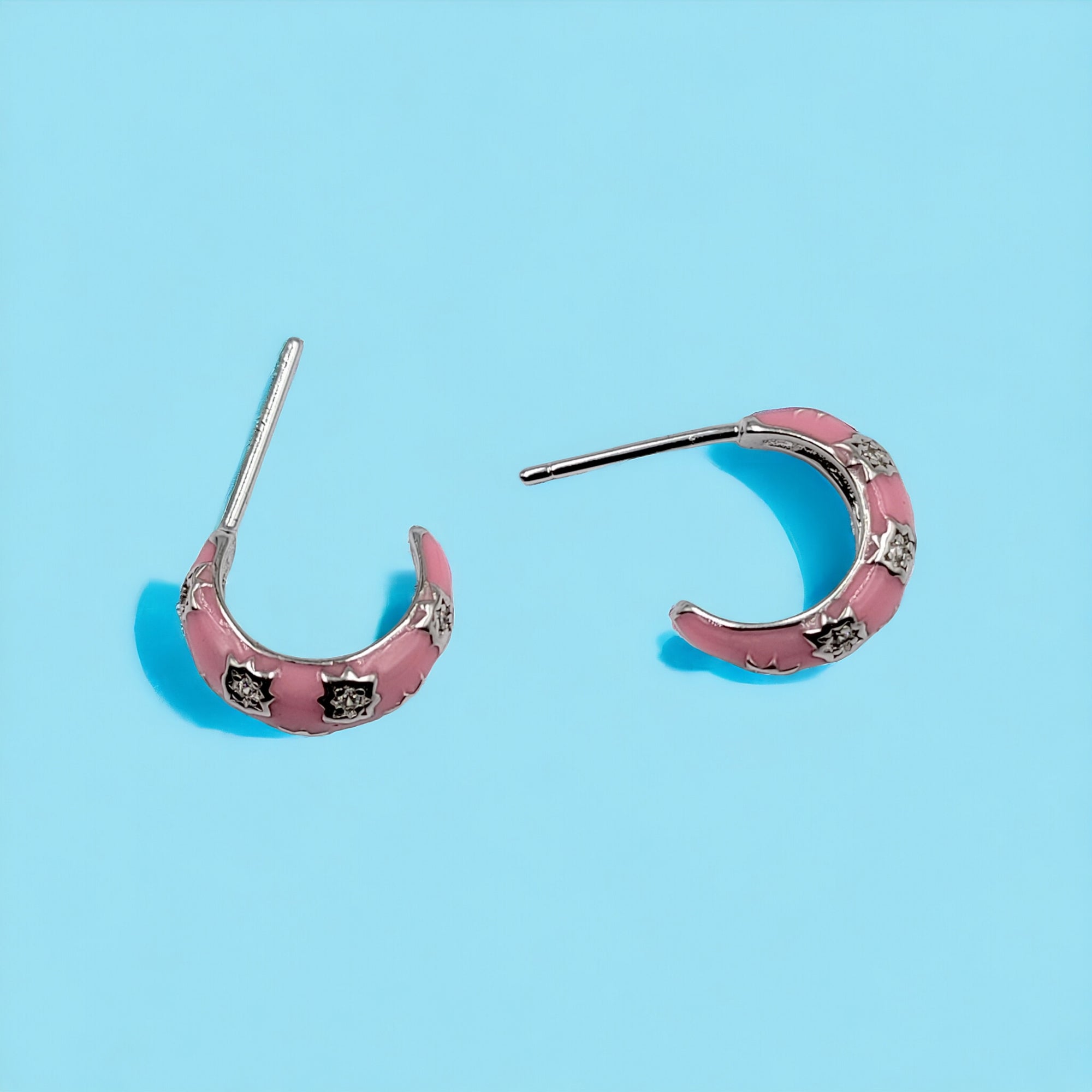 Thick Enamel Hoops Celestial Star CZ Chunky Bold Hoop Mini Art Deco Earrings 13x4 mm