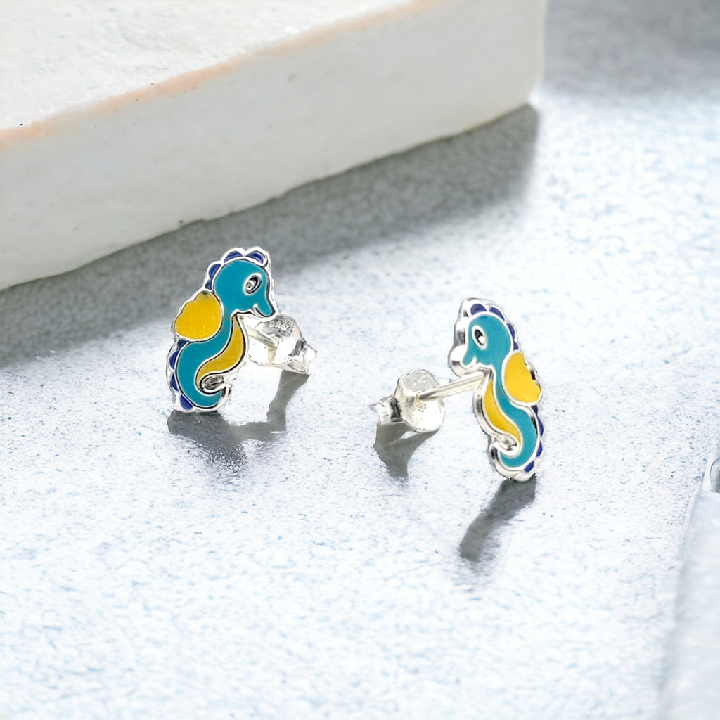 925 Sterling Silver Seahorse Ear Studs Tiny Ocean animal Earrings Minimalist Handmade Gift - 11x6 mm