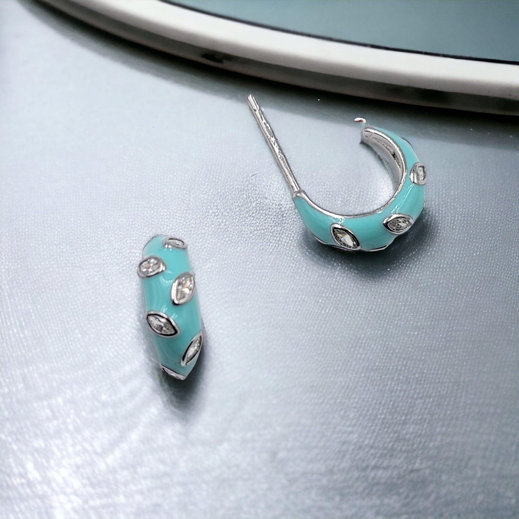 Quirky Enamel Hoops Petal CZ Chunky Bold Hoop Earring 13x4 mm