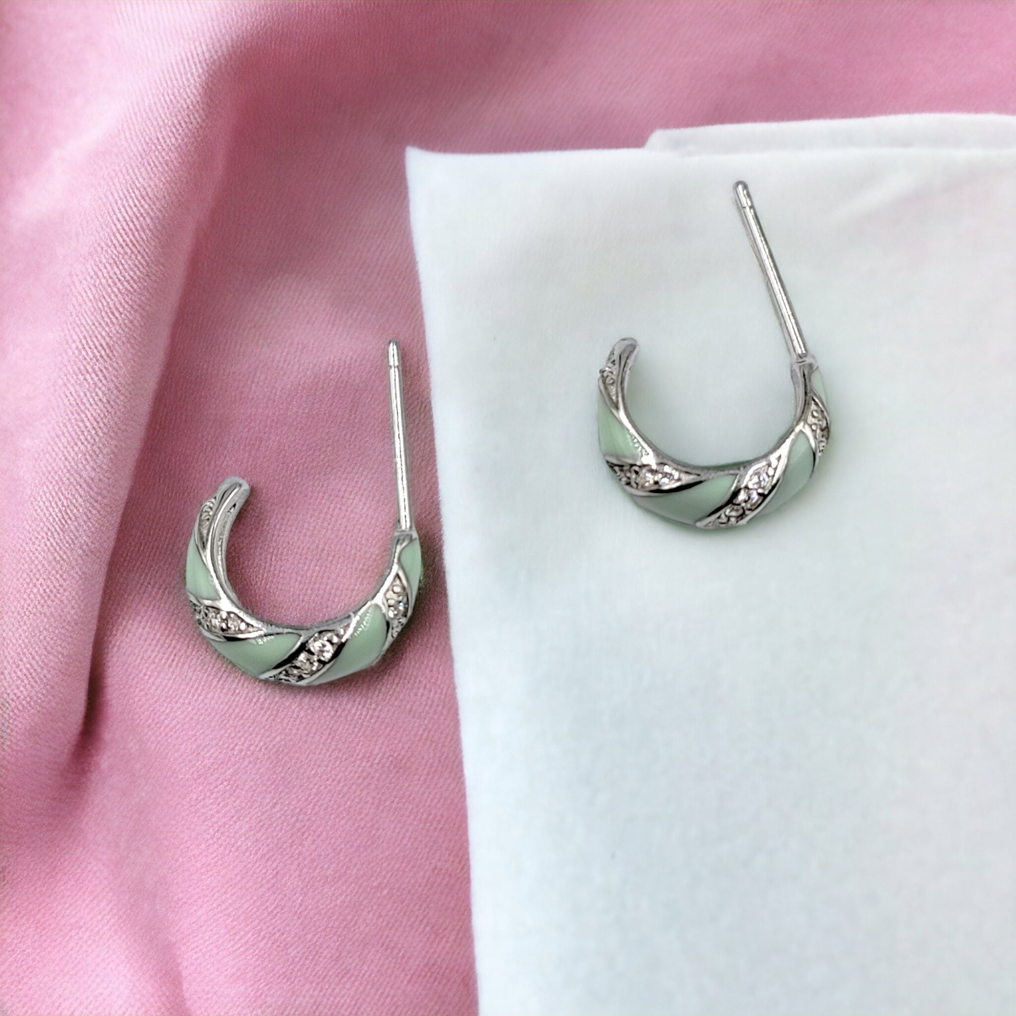 Quirky Enamel Hoops Strips CZ Chunky Bold Hoop Mini Art Deco Earrings 13x4 mm