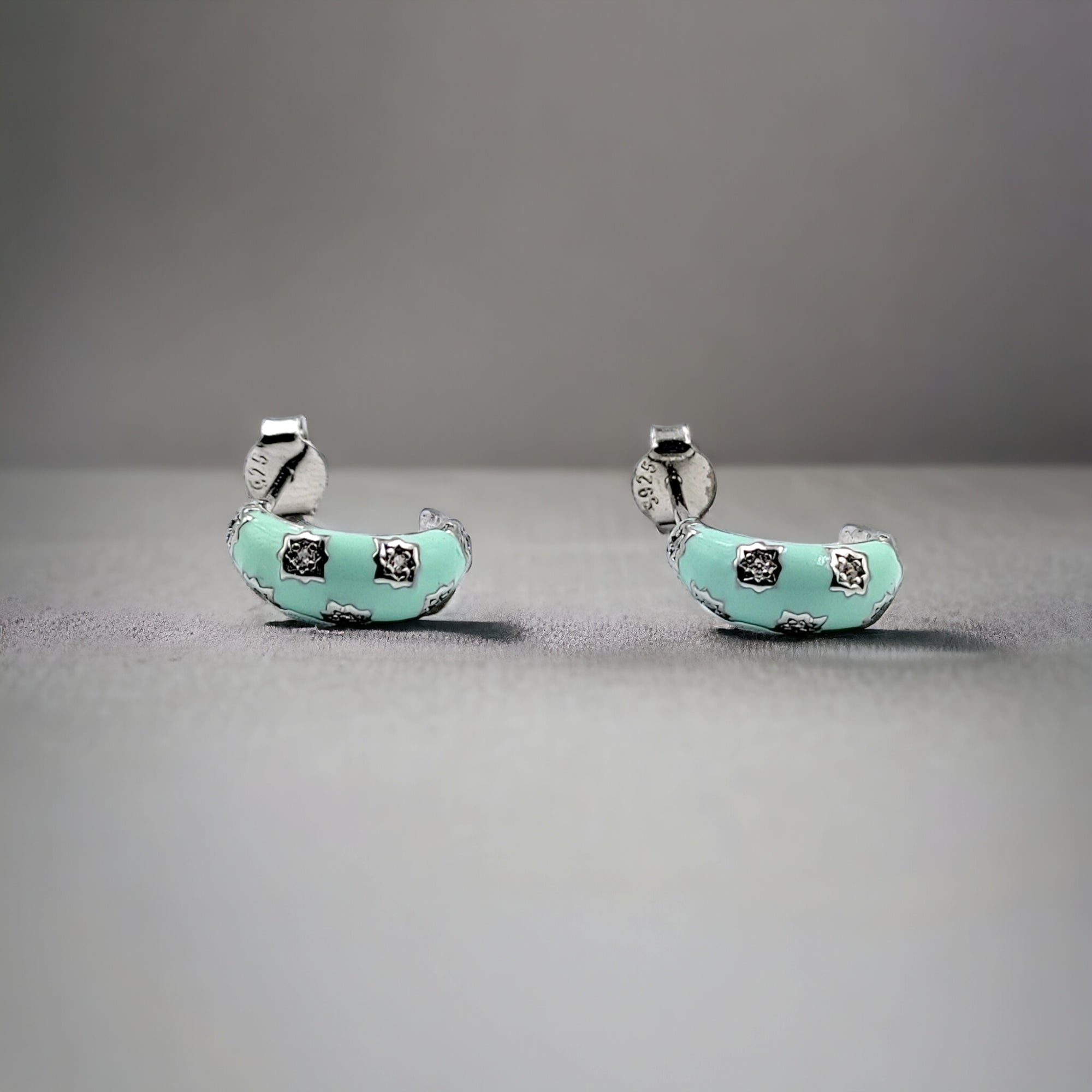 Thick Enamel Hoops Celestial Star CZ Chunky Bold Hoop Mini Art Deco Earrings 13x4 mm