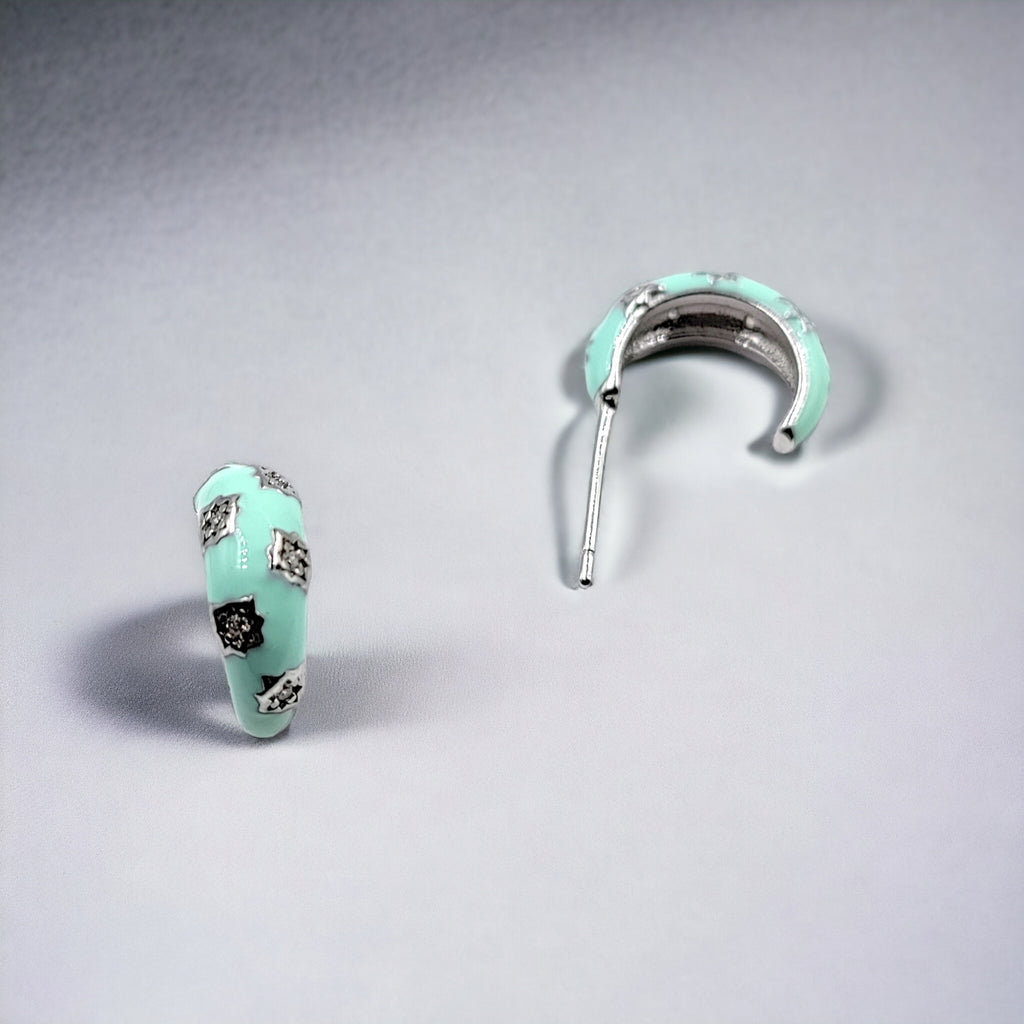 Thick Enamel Hoops Celestial Star CZ Chunky Bold Hoop Mini Art Deco Earrings 13x4 mm