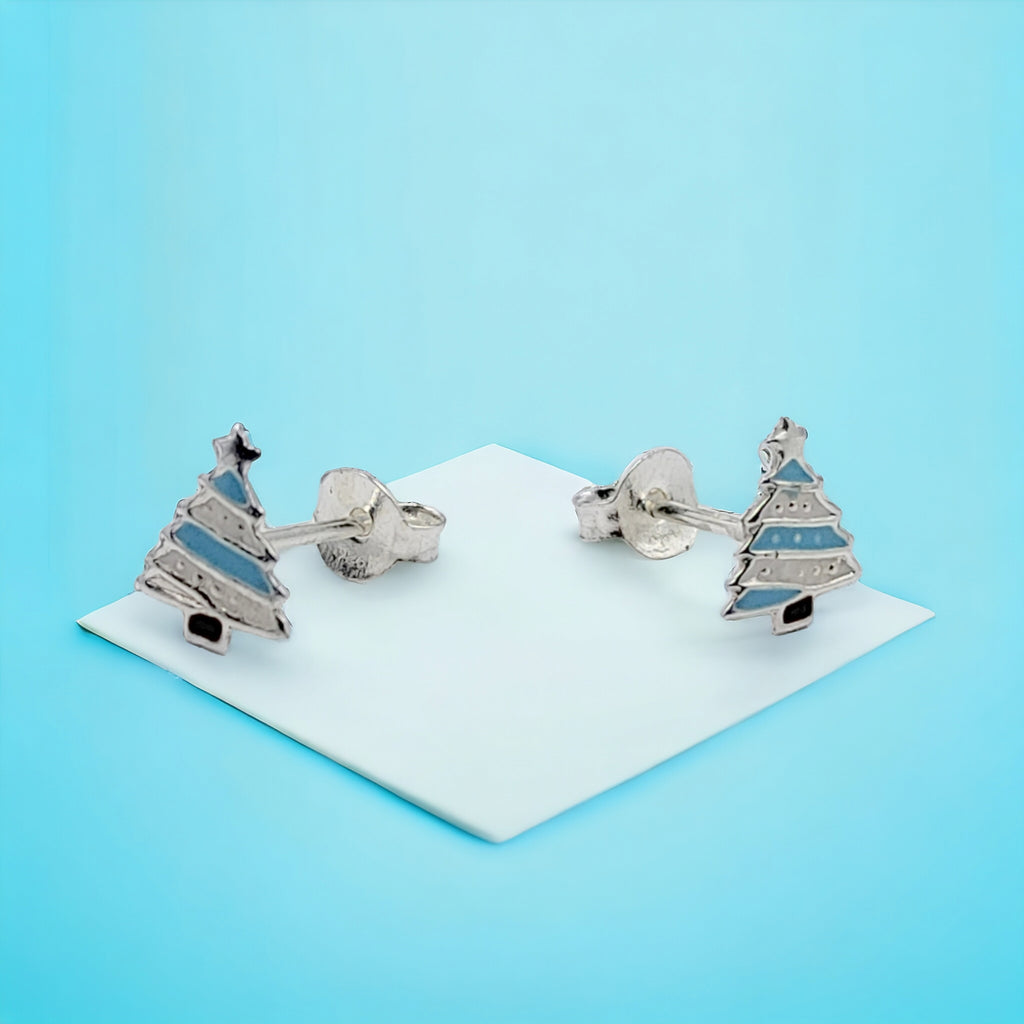 925 Sterling Silver Cute Tree Ear Studs Enamel Cartilage Ear Studs Earrings Handmade Gift - 8x6 mm