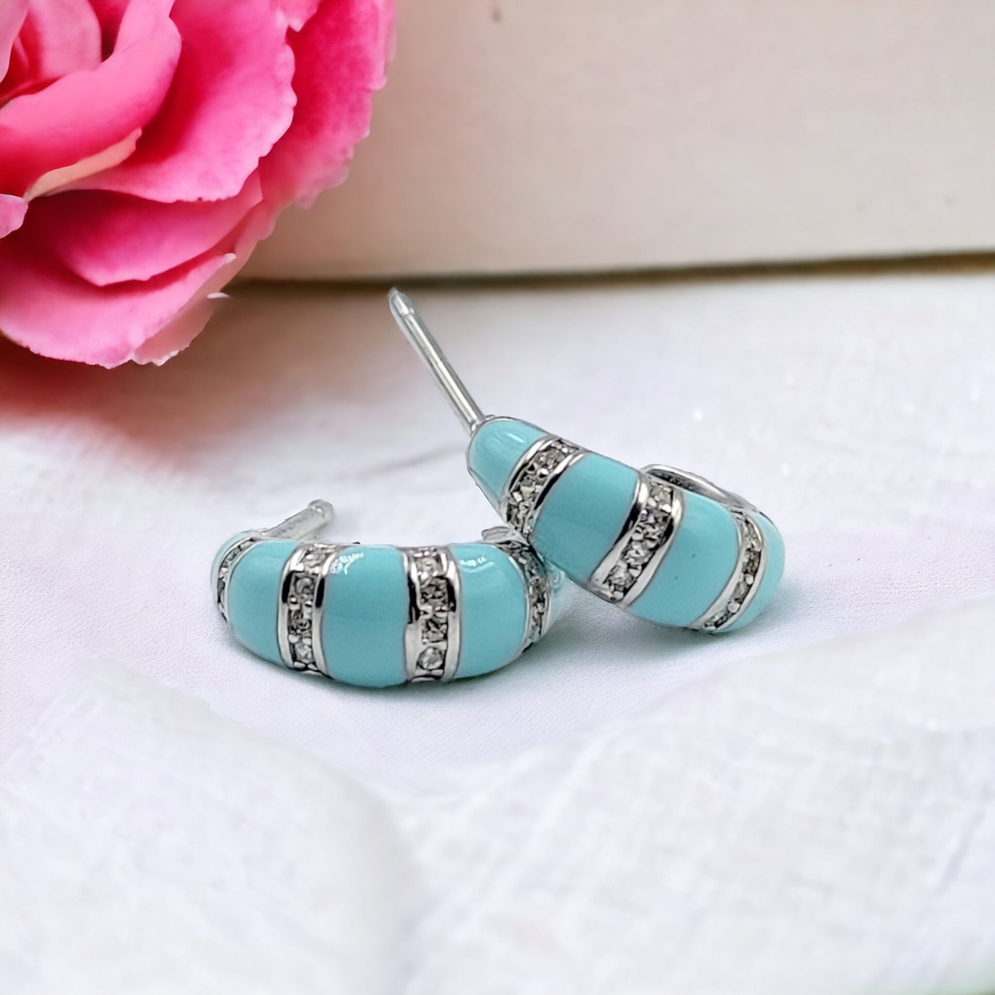 Quirky Enamel Hoops Strips CZ Chunky Bold Hoop Earrings Minimalist Handmade Gift For Women-13x4 mm