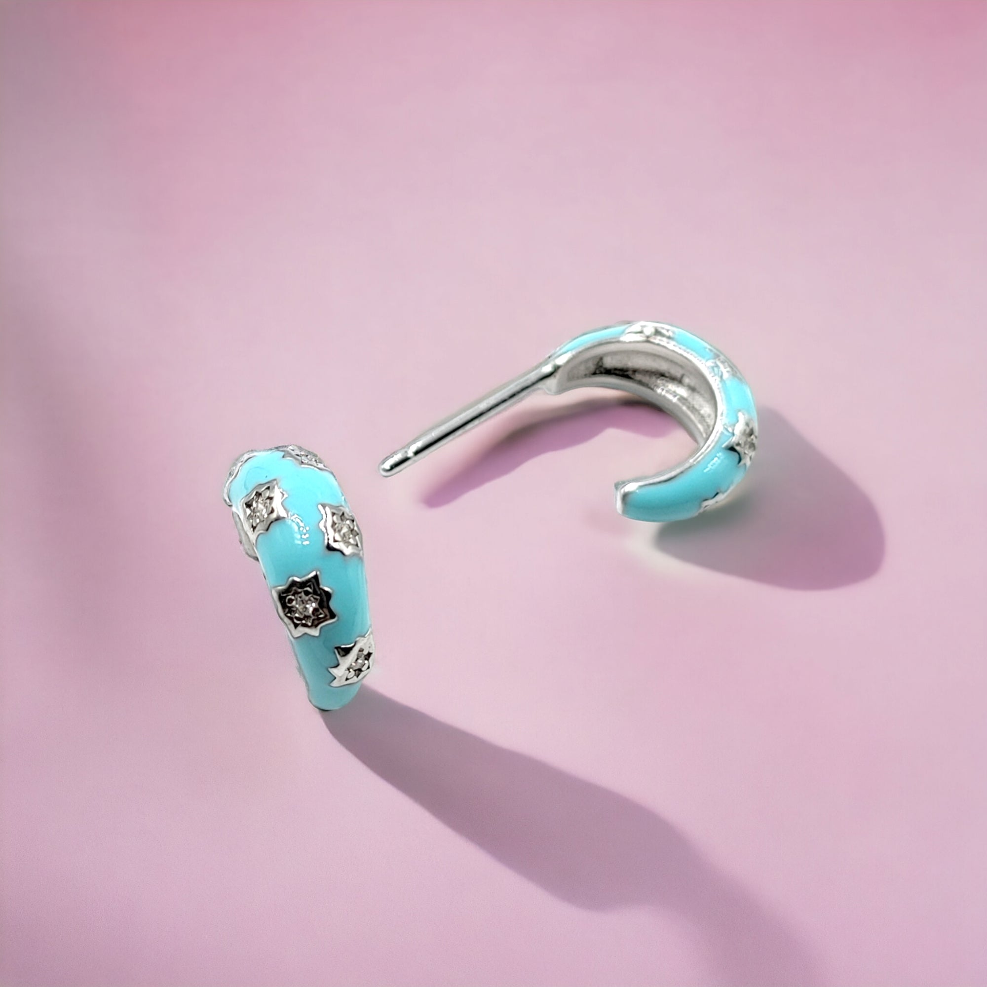 Thick Enamel Hoops Celestial Star CZ Chunky Bold Hoop Mini Art Deco Earrings 13x4 mm