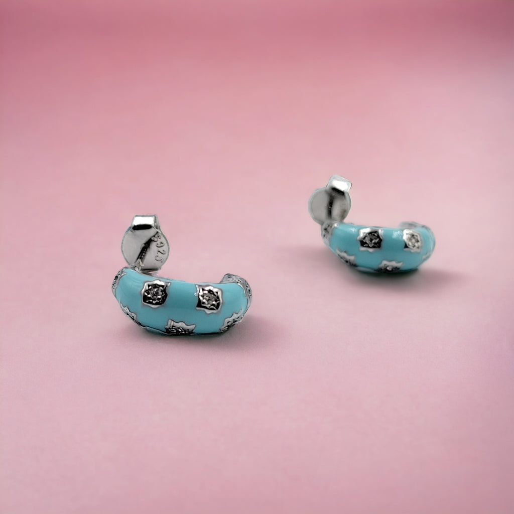 Thick Enamel Hoops Celestial Star CZ Chunky Bold Hoop Mini Art Deco Earrings 13x4 mm