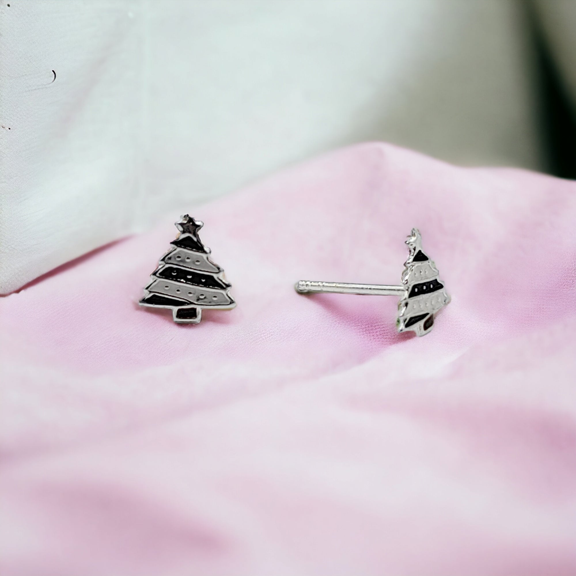 925 Sterling Silver Cute Tree Ear Studs Enamel Cartilage Ear Studs Earrings Handmade Gift - 8x6 mm