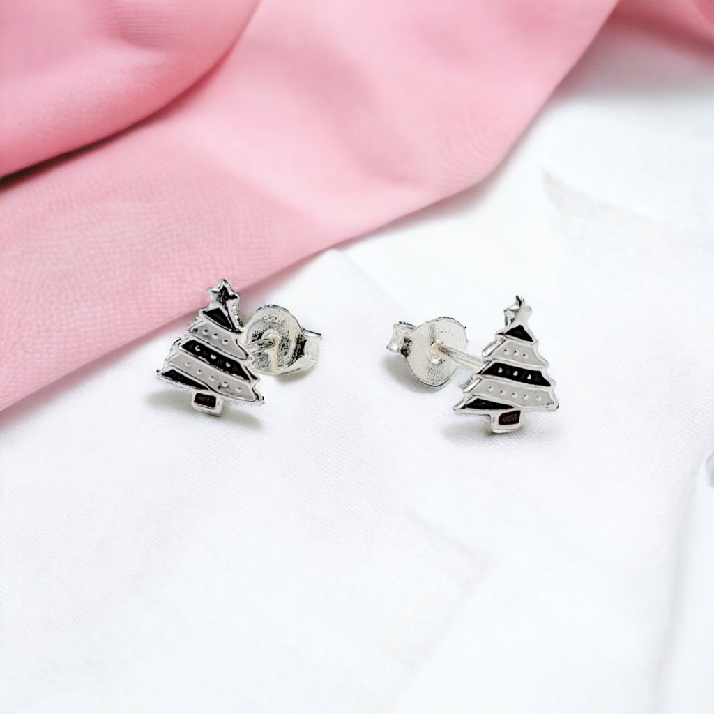 925 Sterling Silver Cute Tree Ear Studs Enamel Cartilage Ear Studs Earrings Handmade Gift - 8x6 mm