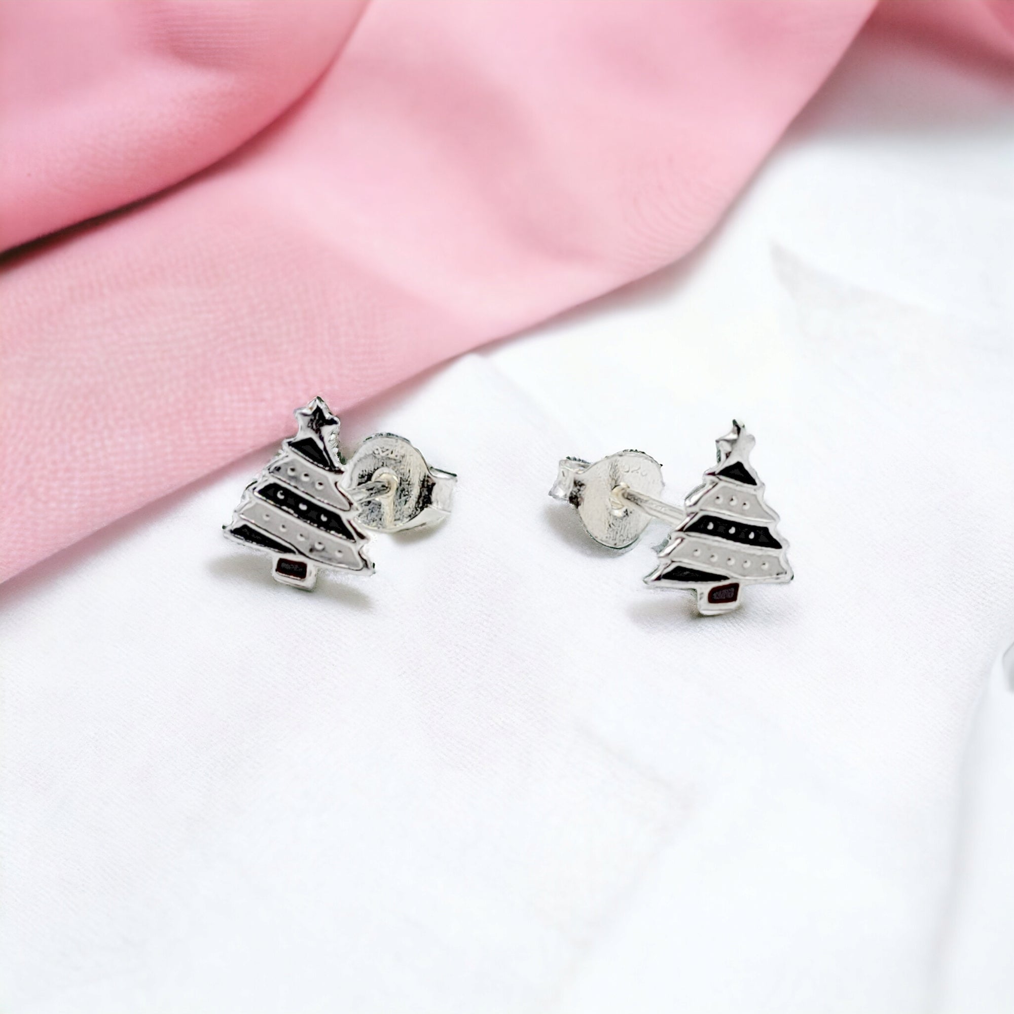 925 Sterling Silver Cute Tree Ear Studs Enamel Cartilage Ear Studs Earrings Handmade Gift - 8x6 mm