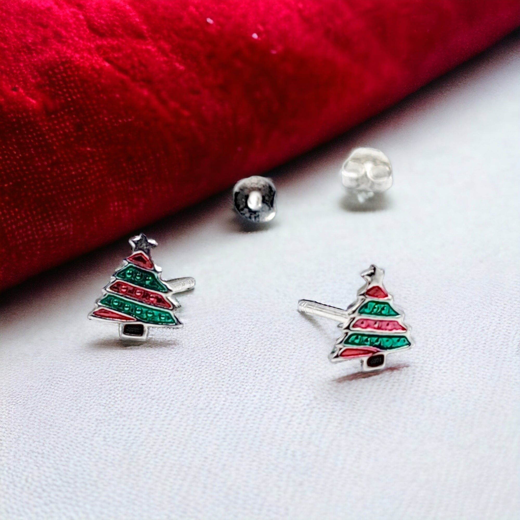 925 Sterling Silver Cute Tree Ear Studs Enamel Cartilage Ear Studs Earrings Handmade Gift - 8x6 mm
