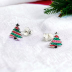 925 Sterling Silver Cute Tree Ear Studs Enamel Cartilage Ear Studs Earrings Handmade Gift - 8x6 mm
