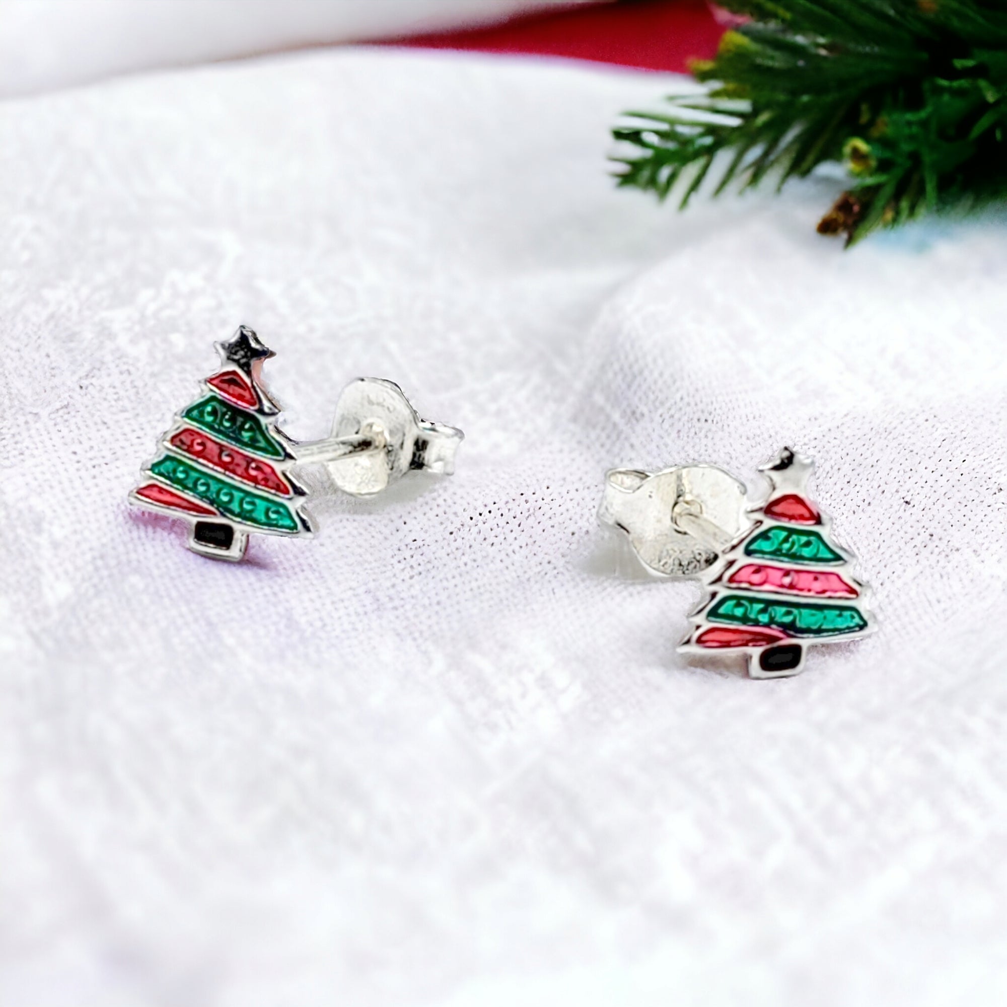 925 Sterling Silver Cute Tree Ear Studs Enamel Cartilage Ear Studs Earrings Handmade Gift - 8x6 mm