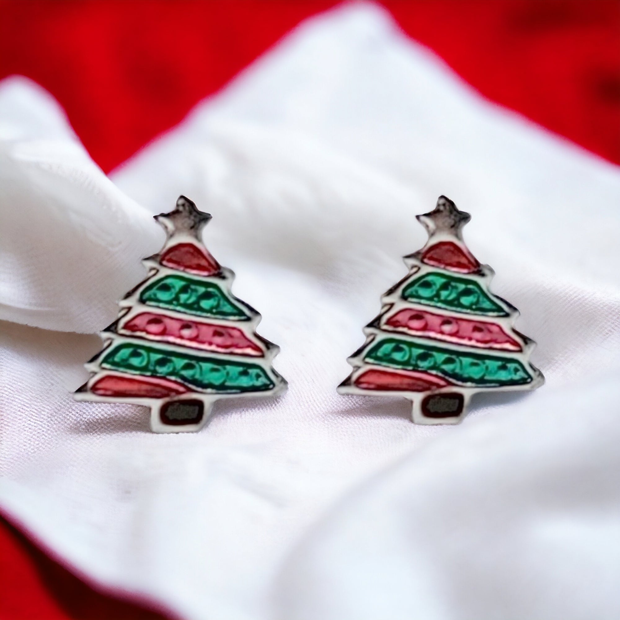 925 Sterling Silver Cute Tree Ear Studs Enamel Cartilage Ear Studs Earrings Handmade Gift - 8x6 mm
