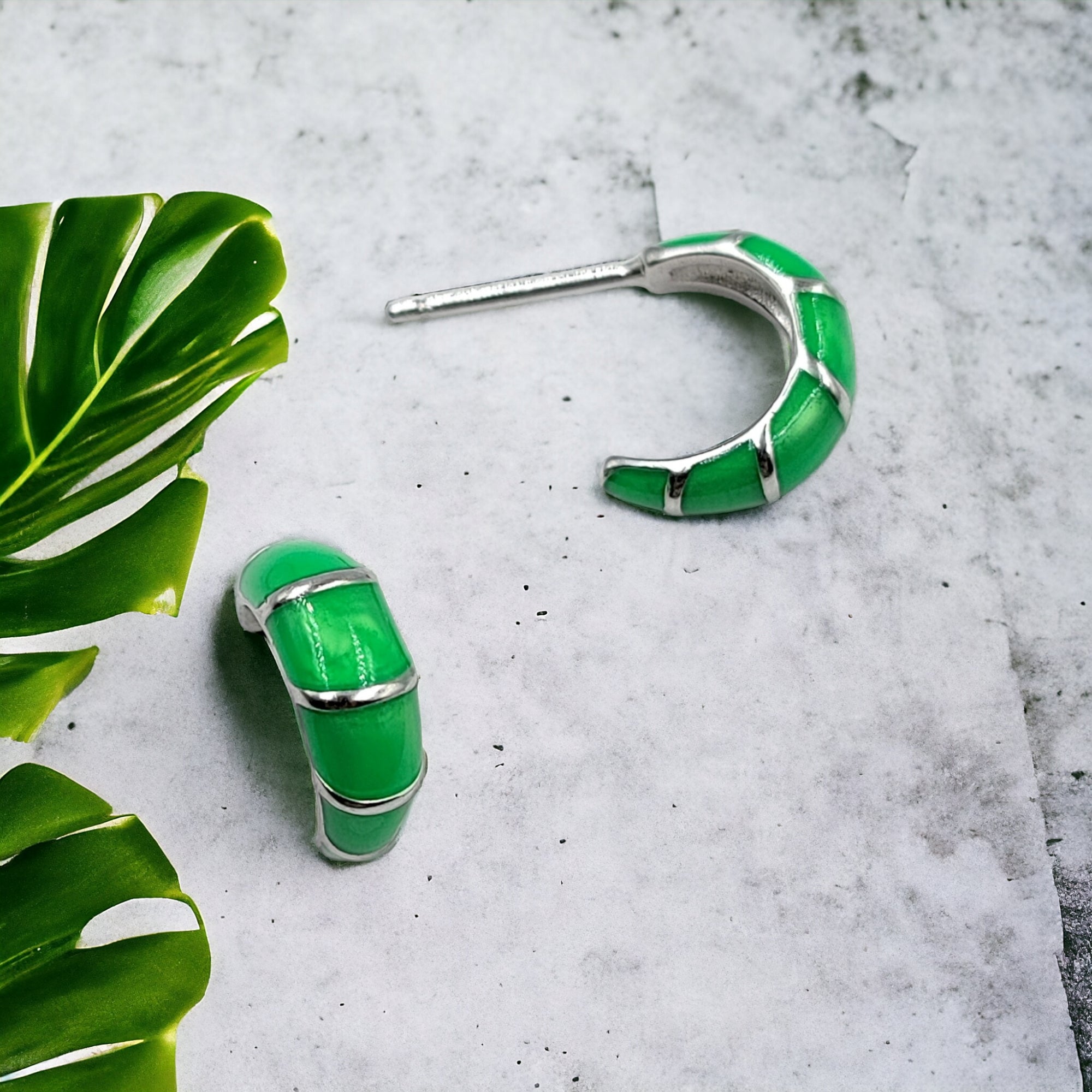 Pretty Enamel Hoops Strips CZ Chunky Bold Hoop Everyday Wear Earring  13x4 mm