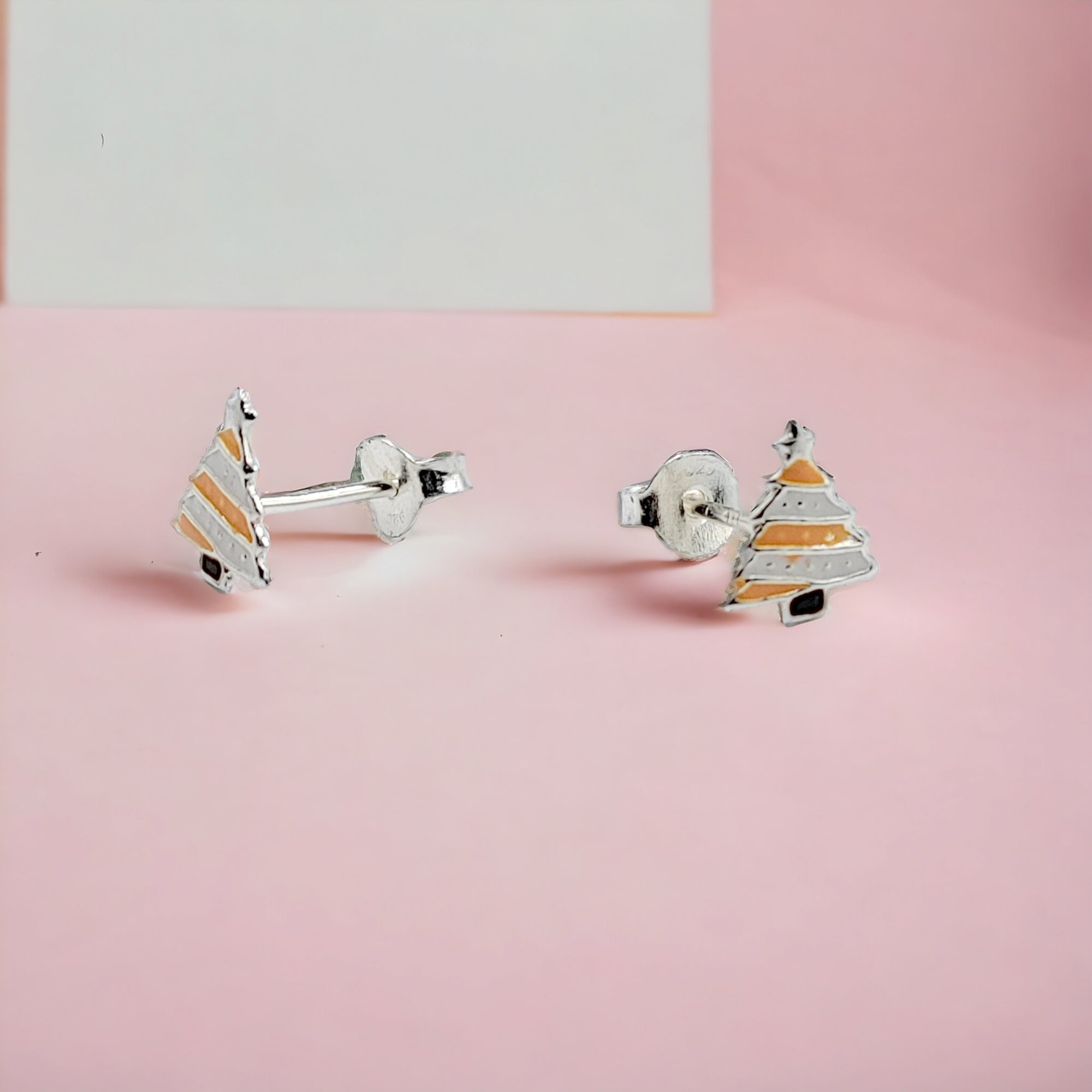 925 Sterling Silver Cute Tree Ear Studs Enamel Cartilage Ear Studs Earrings Handmade Gift - 8x6 mm