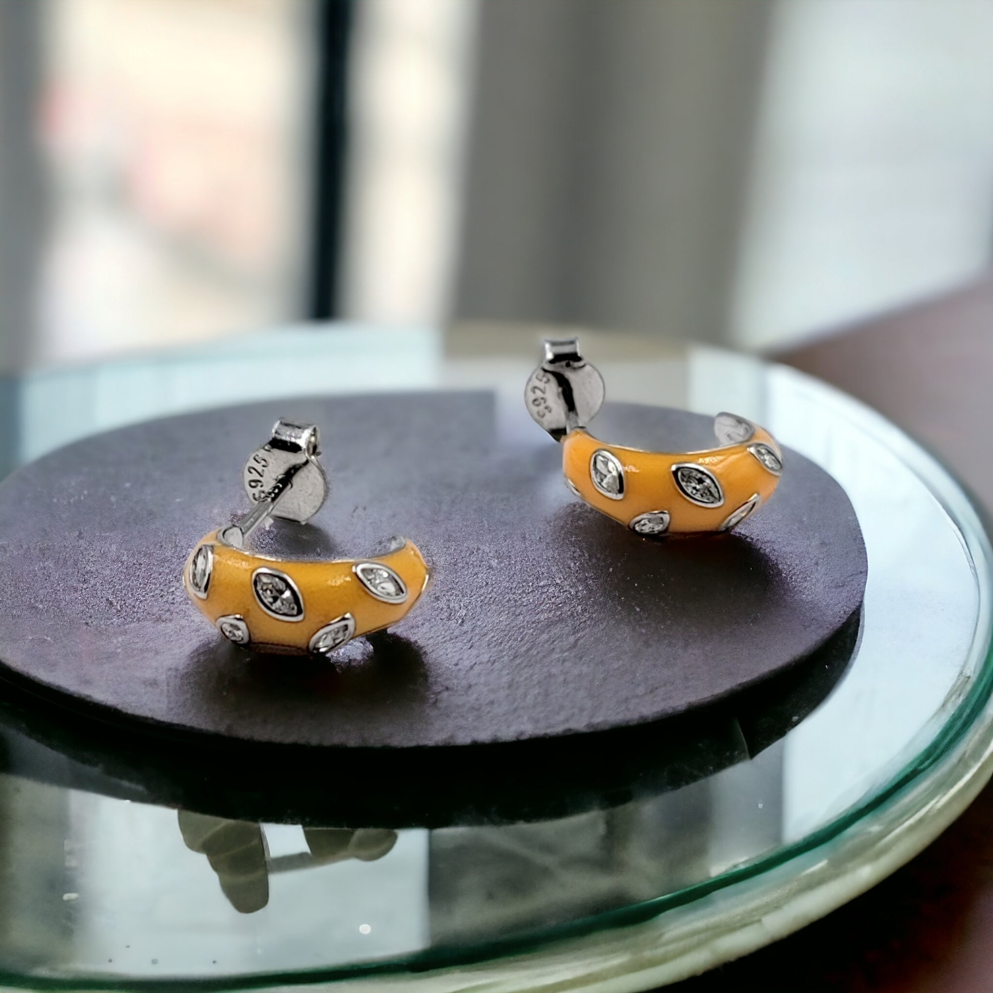 Quirky Enamel Hoops Petal CZ Chunky Bold Hoop Earring 13x4 mm