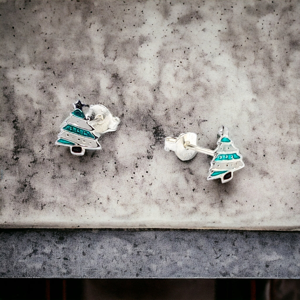 925 Sterling Silver Cute Tree Ear Studs Enamel Cartilage Ear Studs Earrings Handmade Gift - 8x6 mm