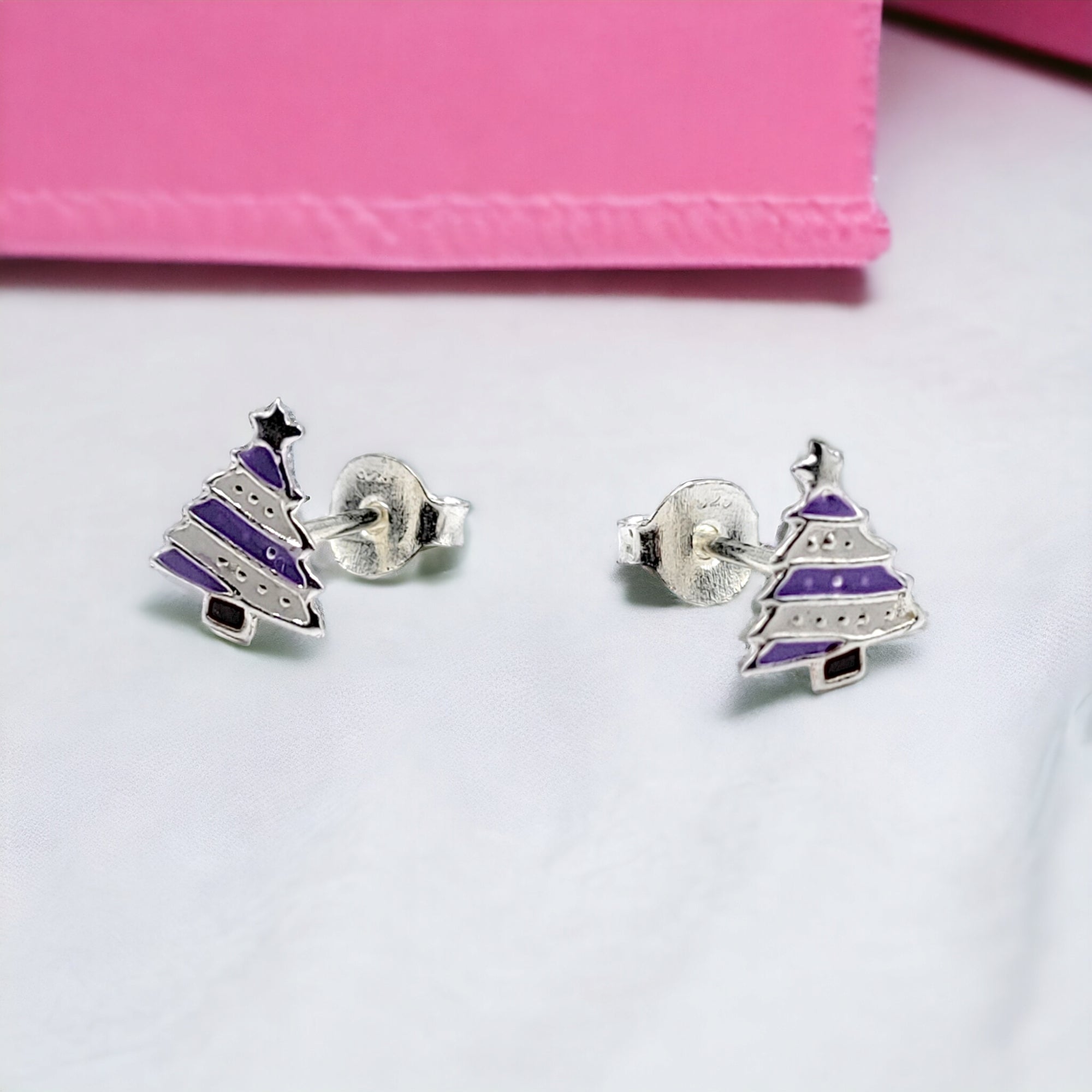925 Sterling Silver Cute Tree Ear Studs Enamel Cartilage Ear Studs Earrings Handmade Gift - 8x6 mm