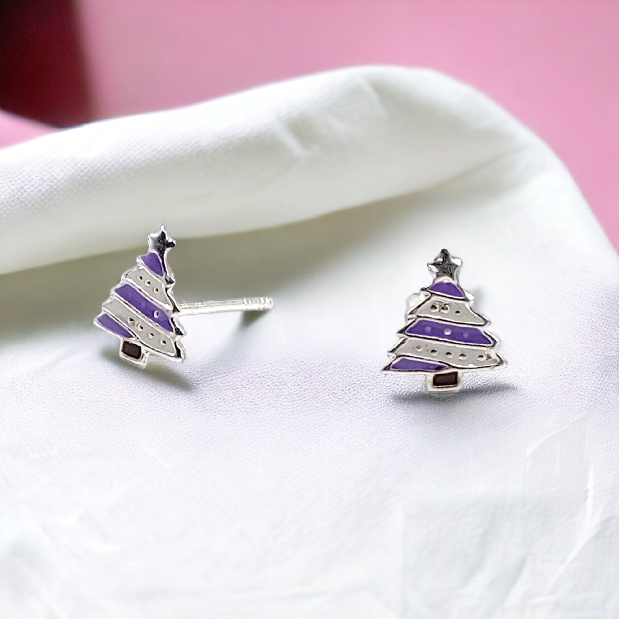 925 Sterling Silver Cute Tree Ear Studs Enamel Cartilage Ear Studs Earrings Handmade Gift - 8x6 mm