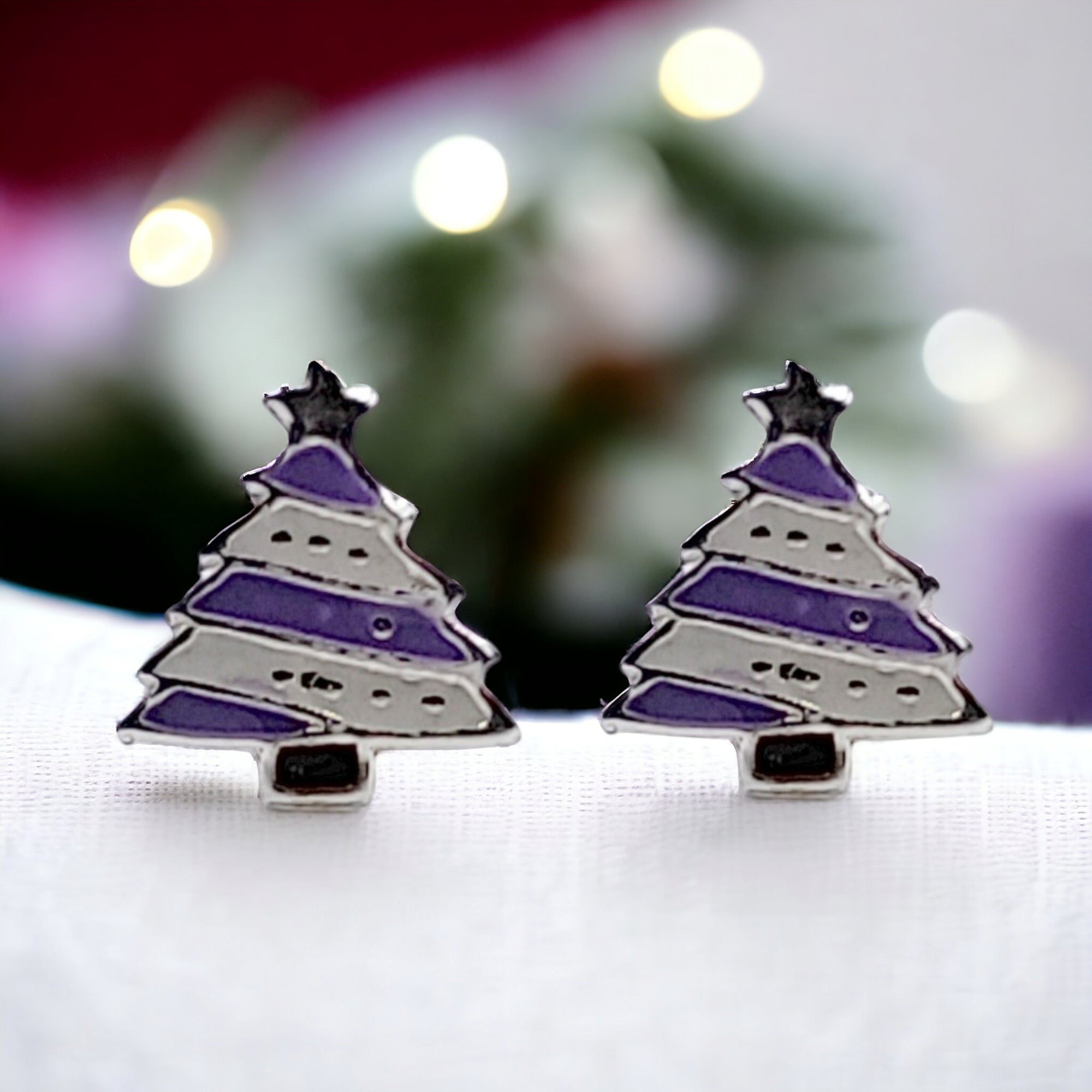 925 Sterling Silver Cute Tree Ear Studs Enamel Cartilage Ear Studs Earrings Handmade Gift - 8x6 mm