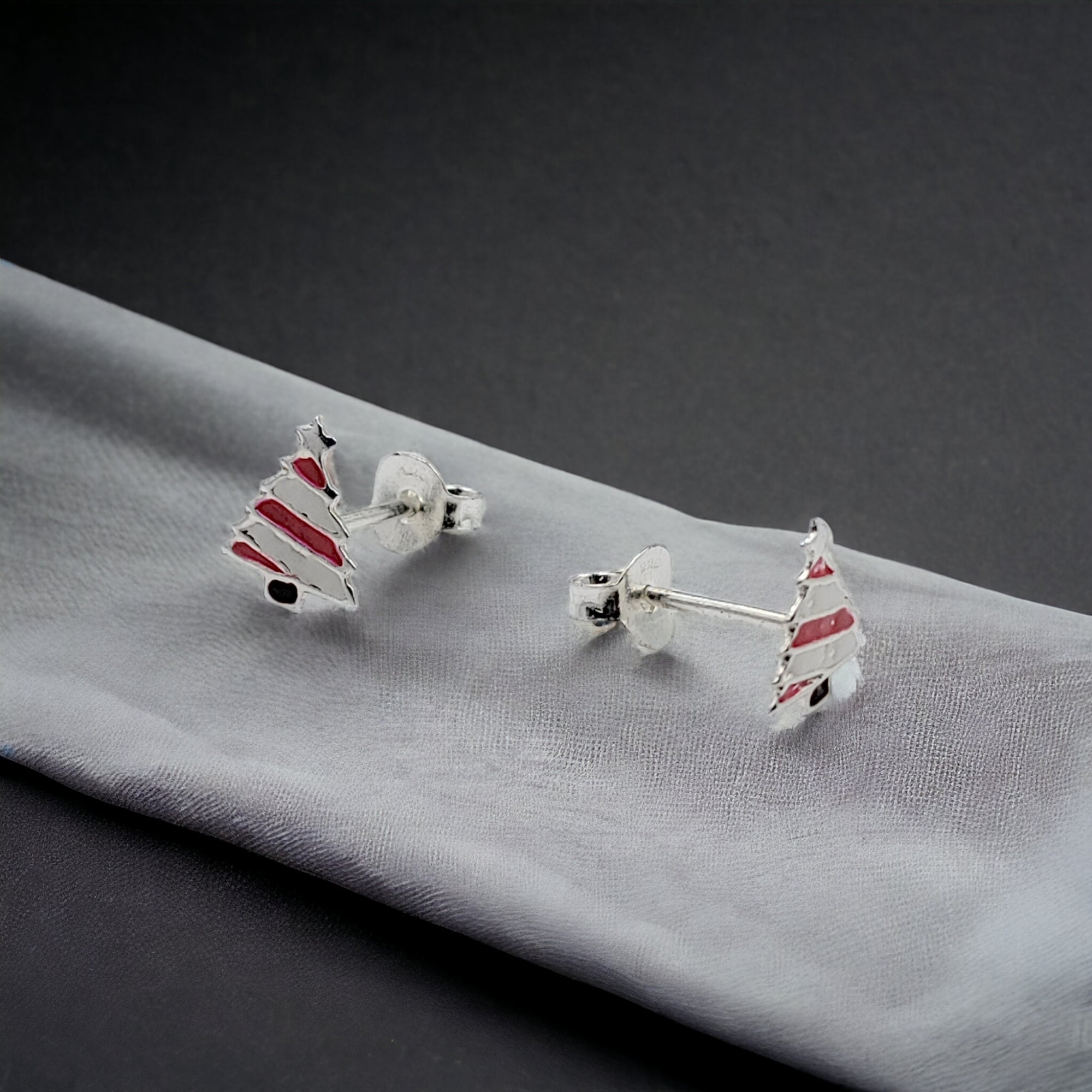 925 Sterling Silver Cute Tree Ear Studs Enamel Cartilage Ear Studs Earrings Handmade Gift - 8x6 mm