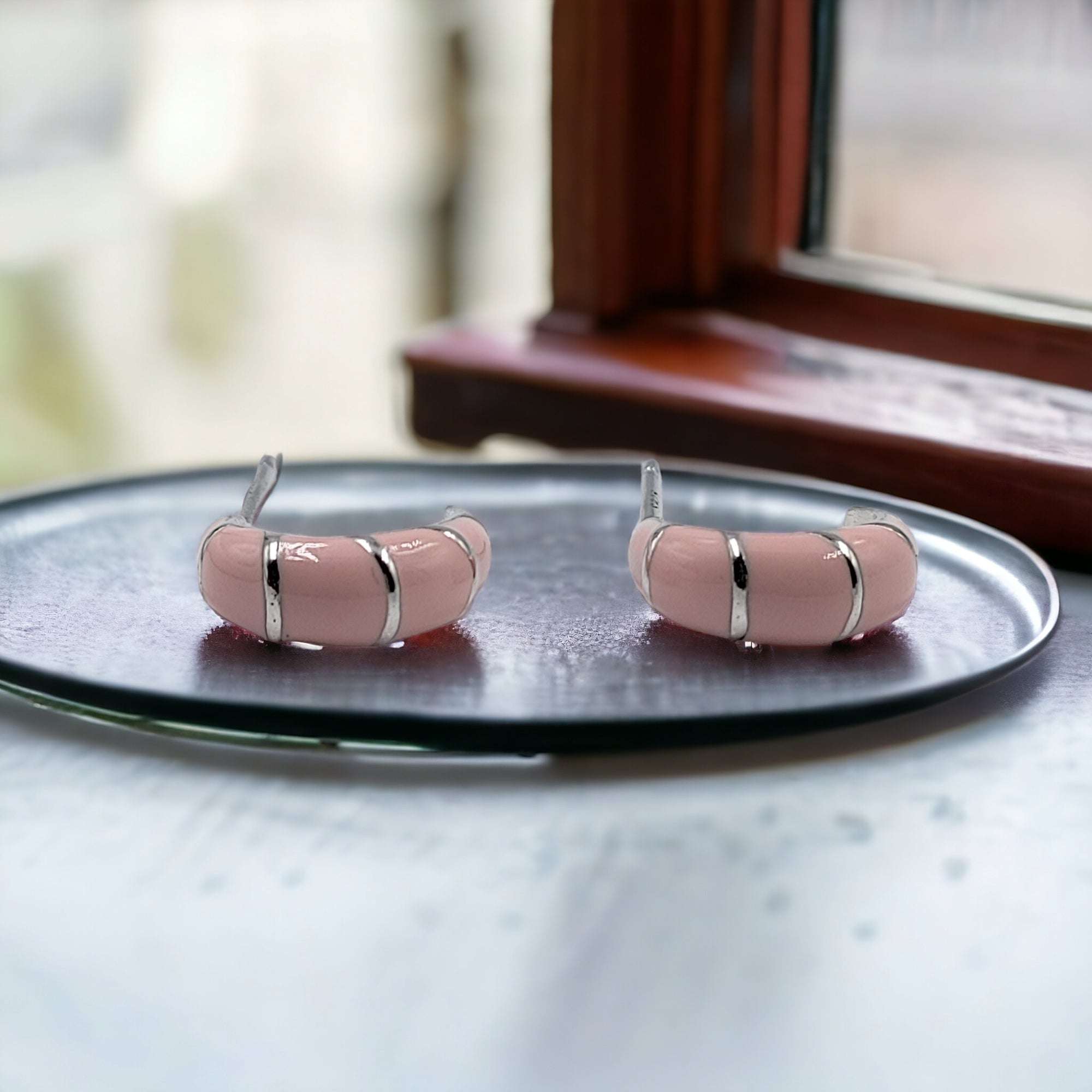 Pretty Enamel Hoops Strips CZ Chunky Bold Hoop Everyday Wear Earring  13x4 mm