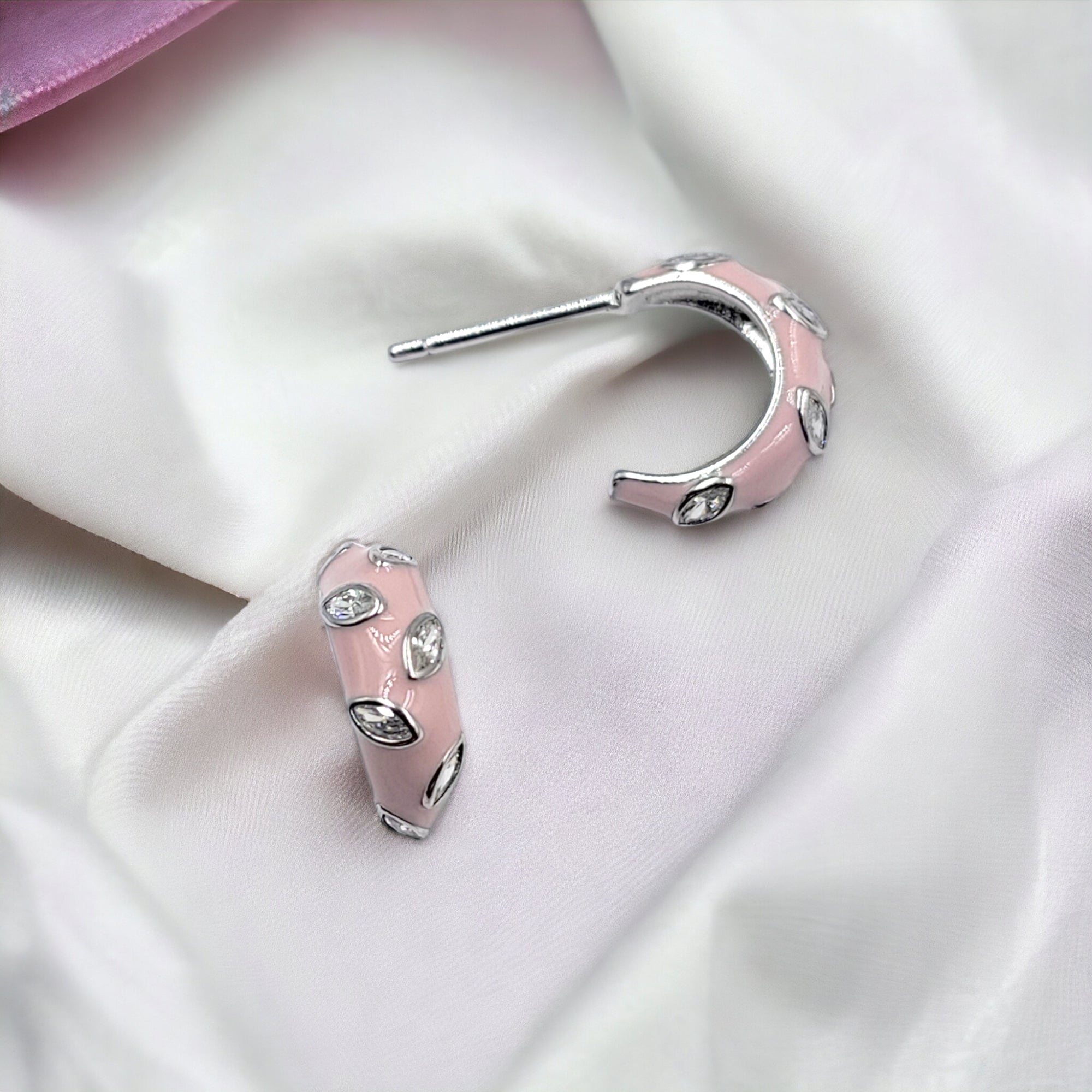 Quirky Enamel Hoops Petal CZ Chunky Bold Hoop Earring 13x4 mm