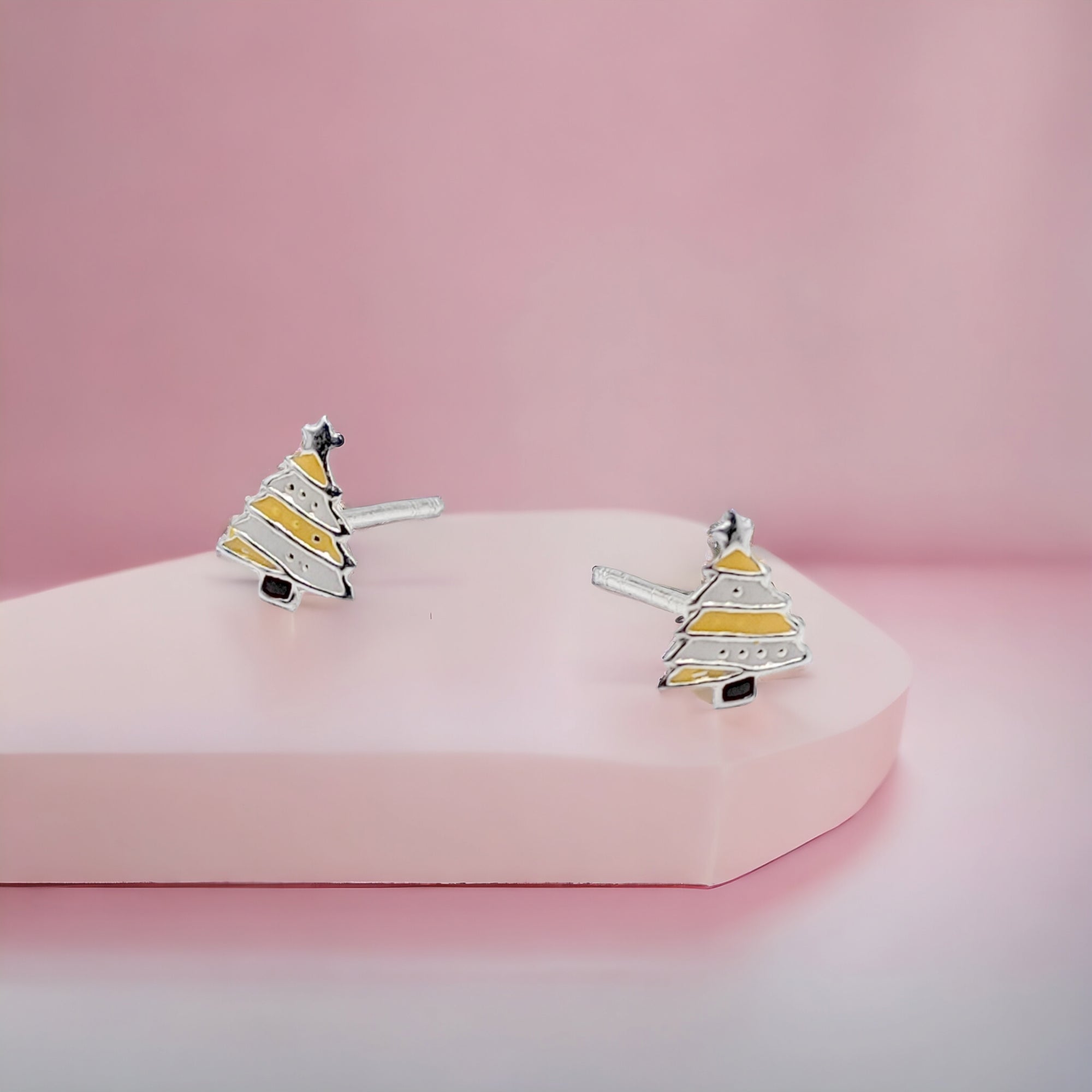 925 Sterling Silver Cute Tree Ear Studs Enamel Cartilage Ear Studs Earrings Handmade Gift - 8x6 mm