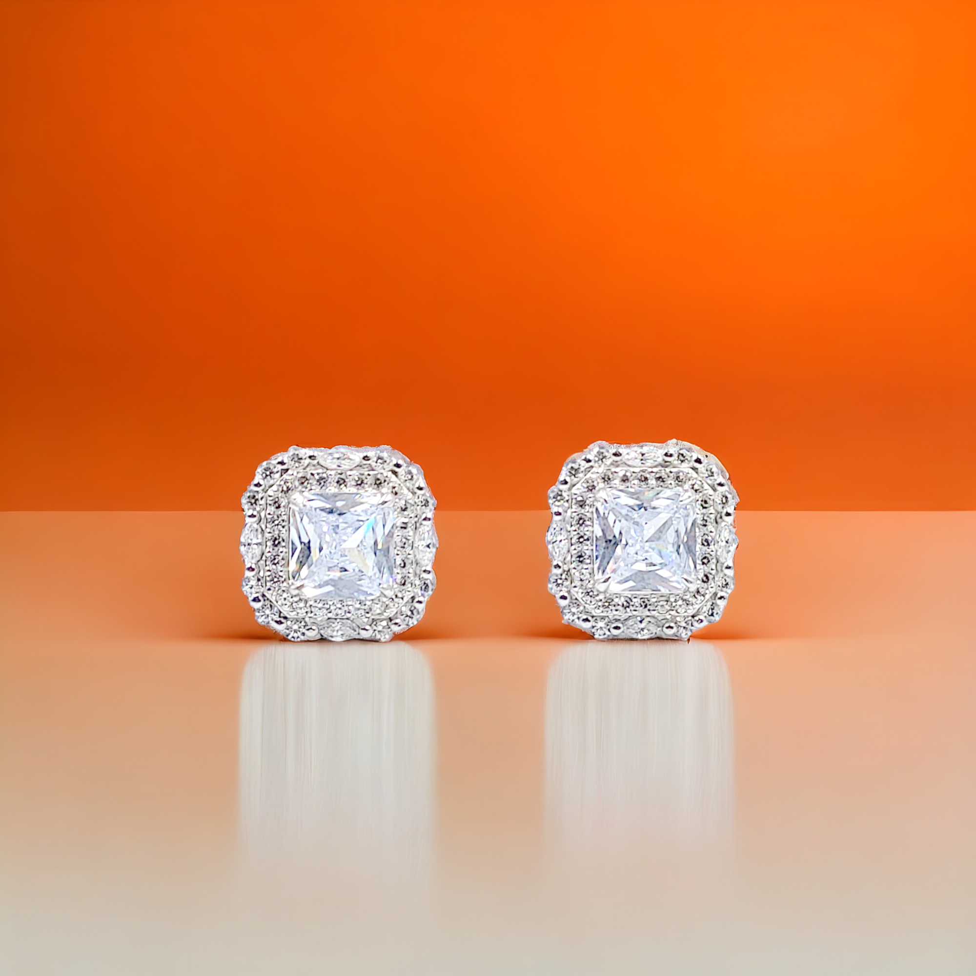 925 Sterling Silver Cubic Zirconia Halo Square Stud Earrings Minimalist Handmade Gift For Women -13x13 mm