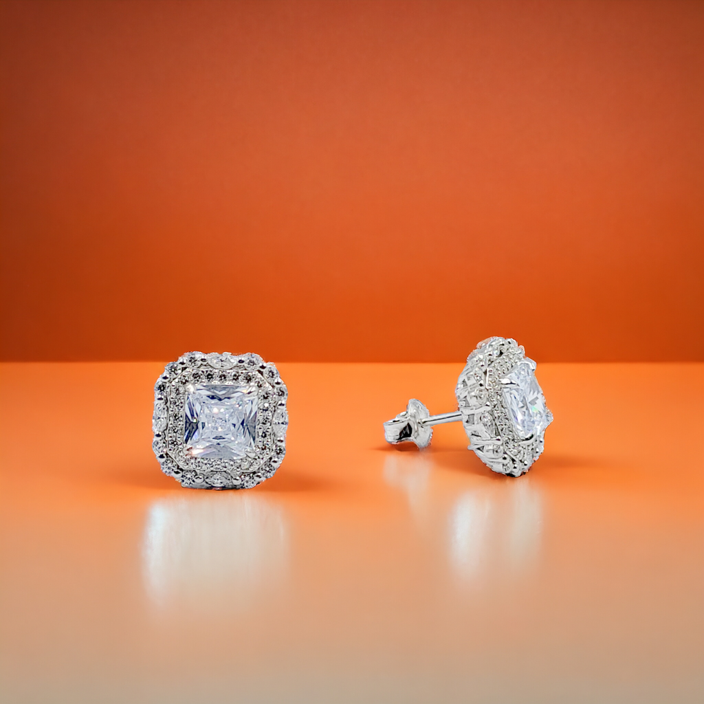 925 Sterling Silver Cubic Zirconia Halo Square Stud Earrings Minimalist Handmade Gift For Women -13x13 mm
