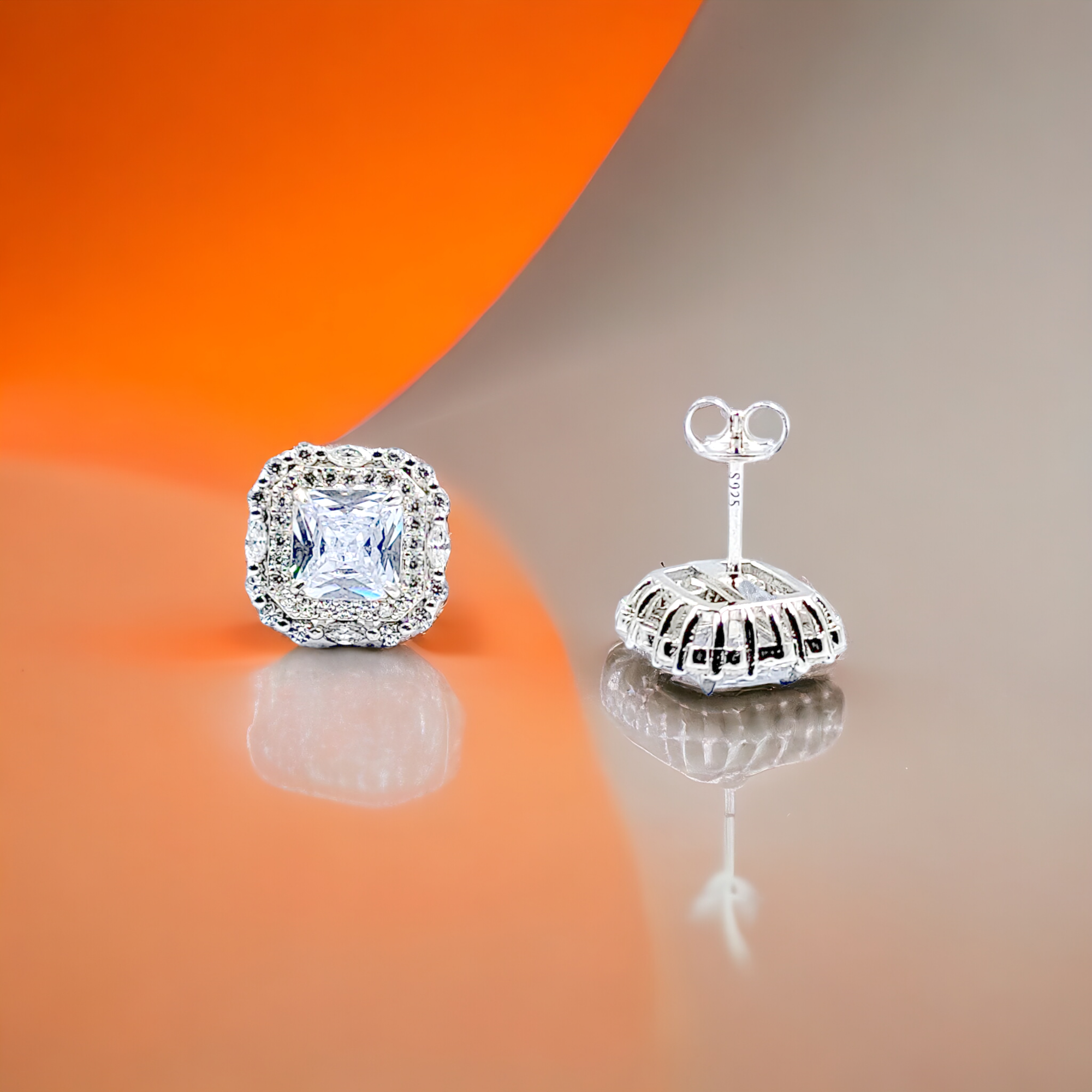 925 Sterling Silver Cubic Zirconia Halo Square Stud Earrings Minimalist Handmade Gift For Women -13x13 mm