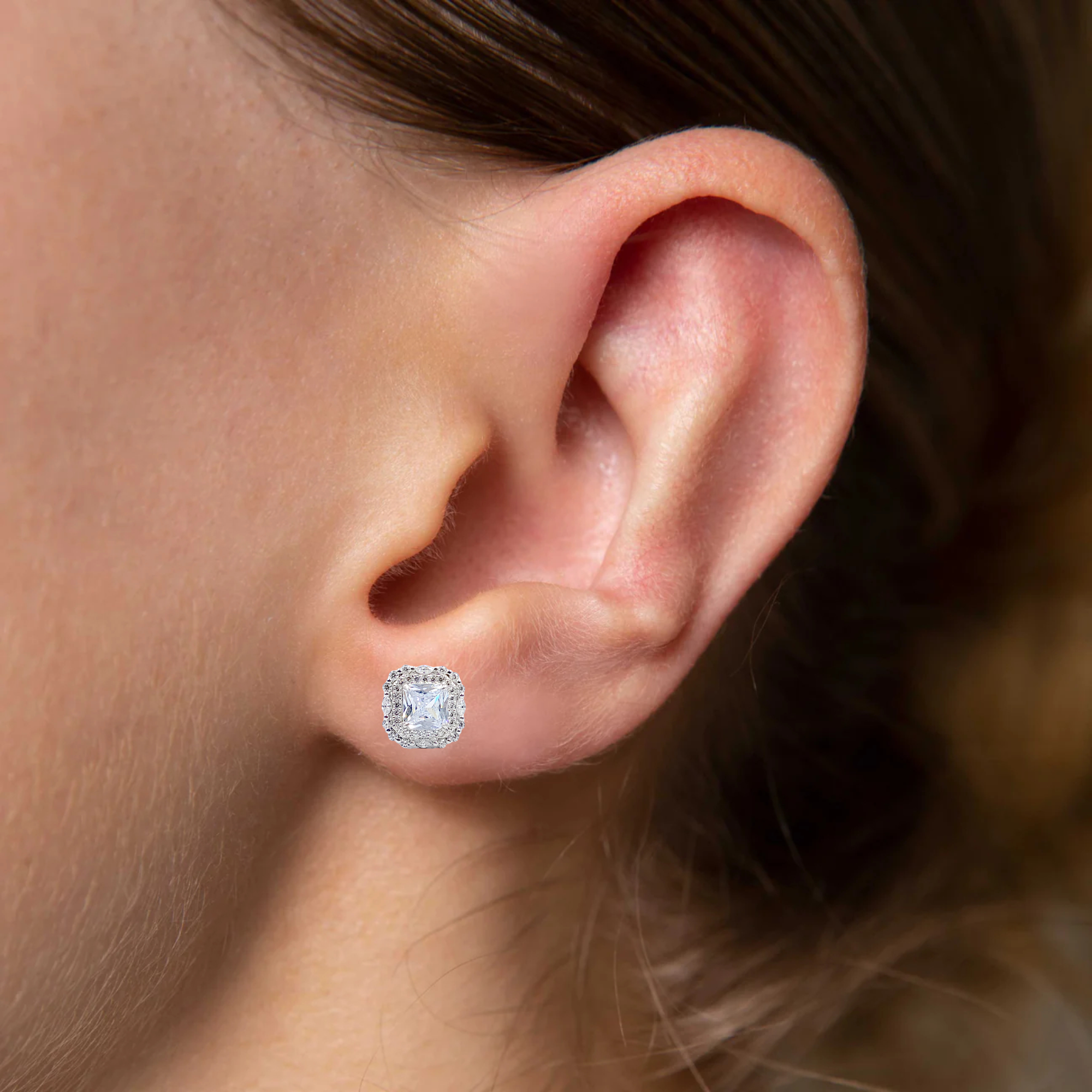 925 Sterling Silver Cubic Zirconia Halo Square Stud Earrings Minimalist Handmade Gift For Women -13x13 mm