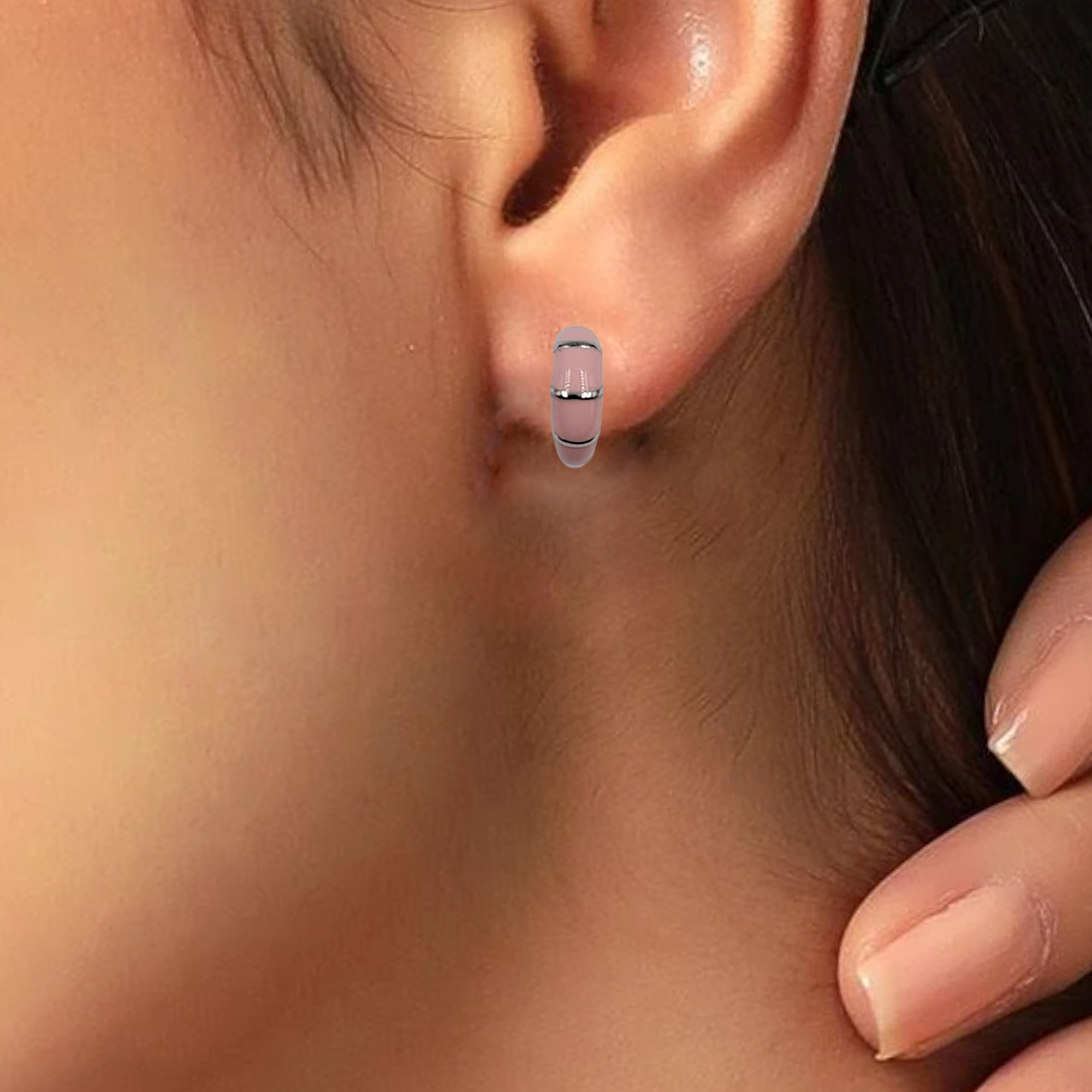 Pretty Enamel Hoops Strips CZ Chunky Bold Hoop Everyday Wear Earring  13x4 mm