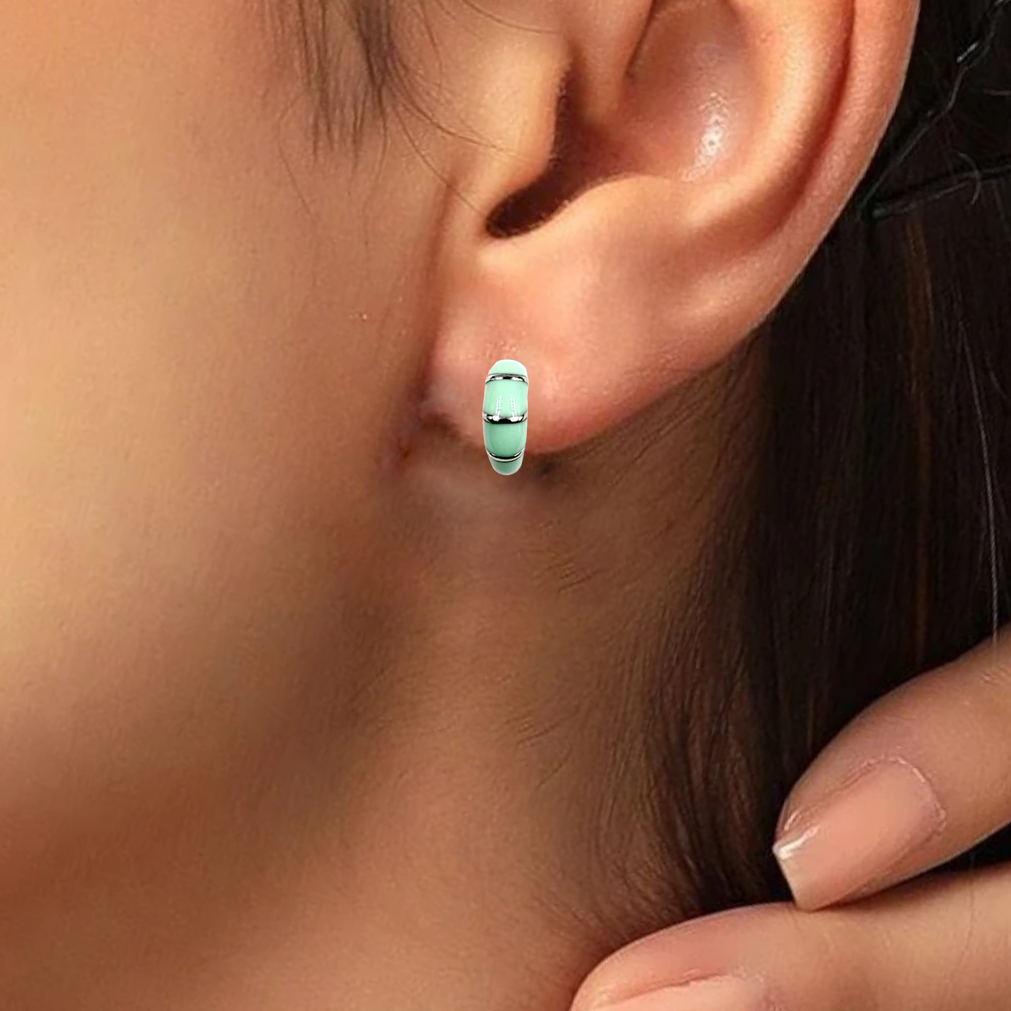 Pretty Enamel Hoops Strips CZ Chunky Bold Hoop Everyday Wear Earring  13x4 mm