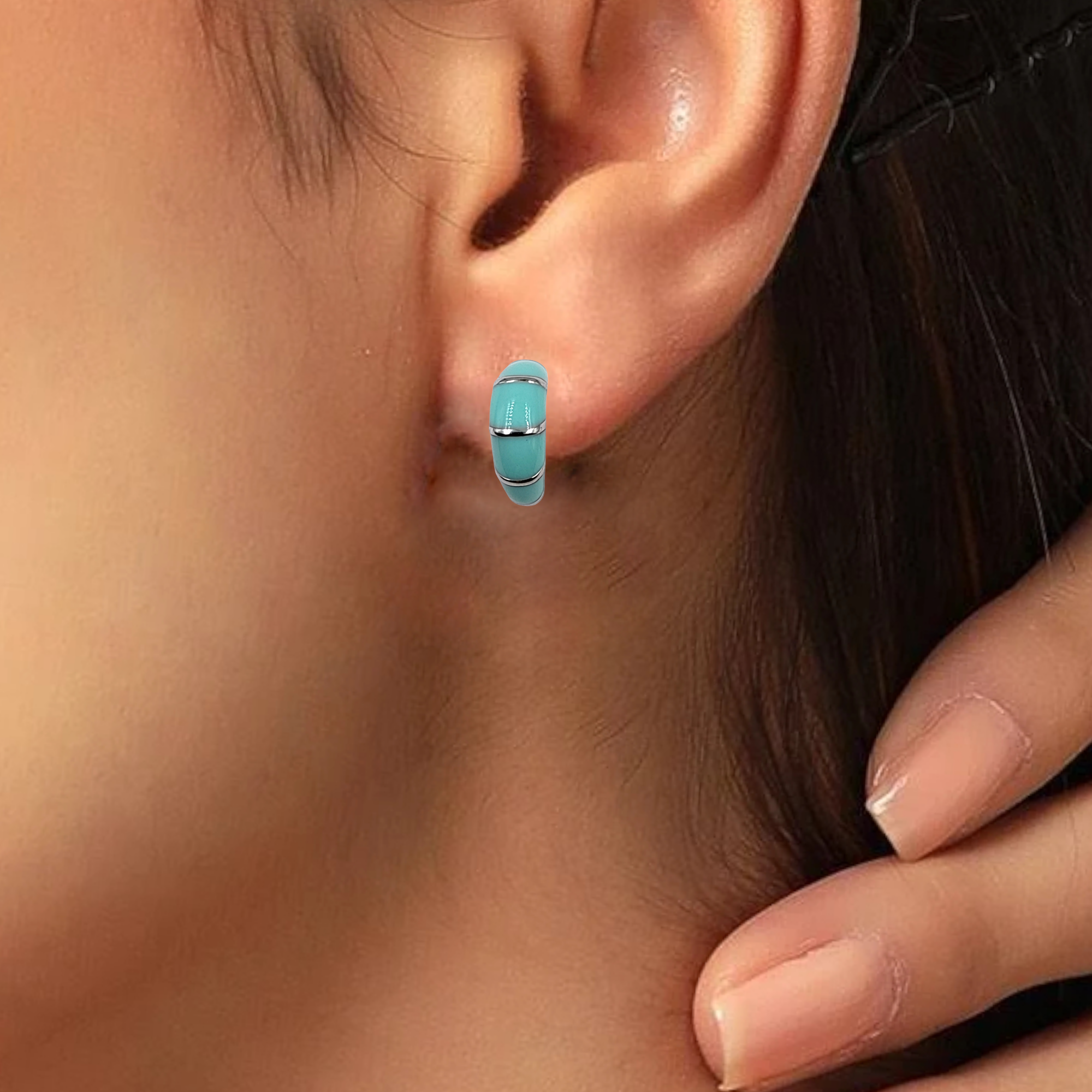 Pretty Enamel Hoops Strips CZ Chunky Bold Hoop Everyday Wear Earring  13x4 mm