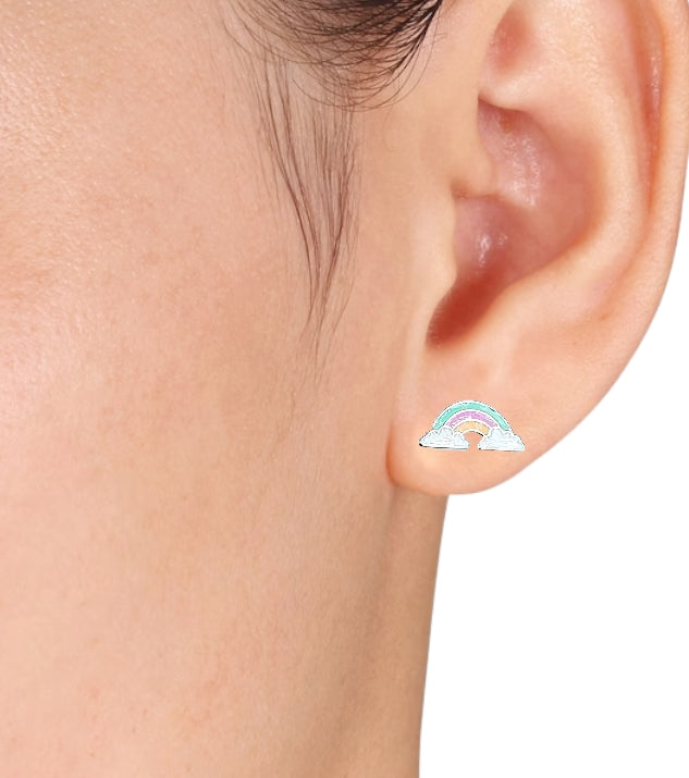 925 Sterling Silver Cute Rainbow Ear Studs Tiny Earrings Enamel Cartilage Ear Studs Girls Earrings Minimalist Handmade Gift - 5x11 mm