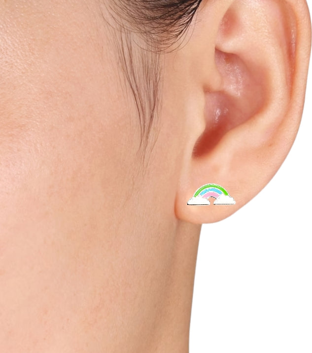 925 Sterling Silver Cute Rainbow Ear Studs Tiny Earrings Enamel Cartilage Ear Studs Gift - 5x11 mm