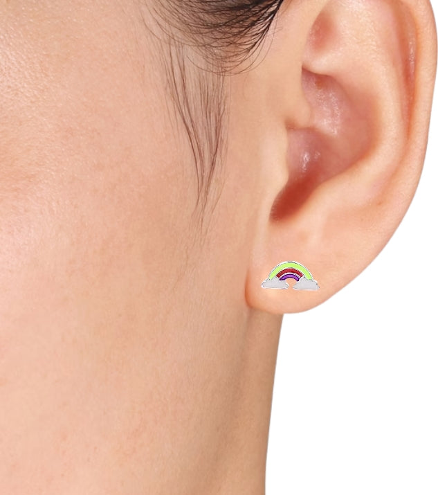 925 Sterling Silver Cute Rainbow Ear Studs Tiny Earrings Enamel Cartilage Ear Studs Gift - 5x11 mm