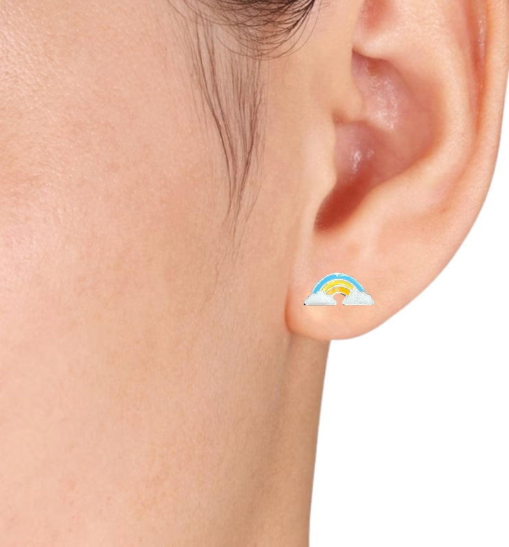 925 Sterling Silver Cute Rainbow Ear Studs Tiny Earrings Enamel Cartilage Ear Studs Gift - 5x11 mm