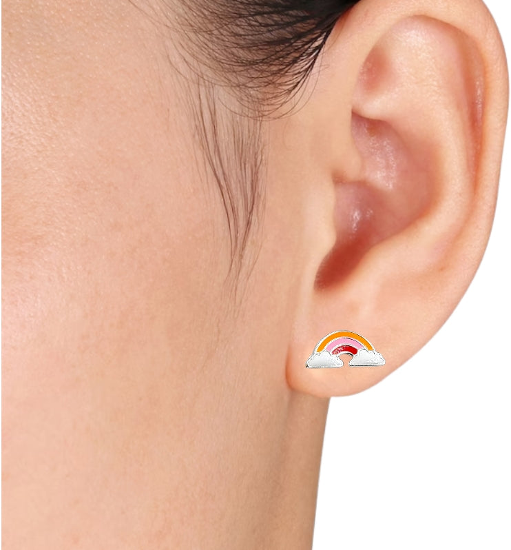 925 Sterling Silver Cute Rainbow Ear Studs Tiny Earrings Enamel Cartilage Ear Studs Gift - 5x11 mm