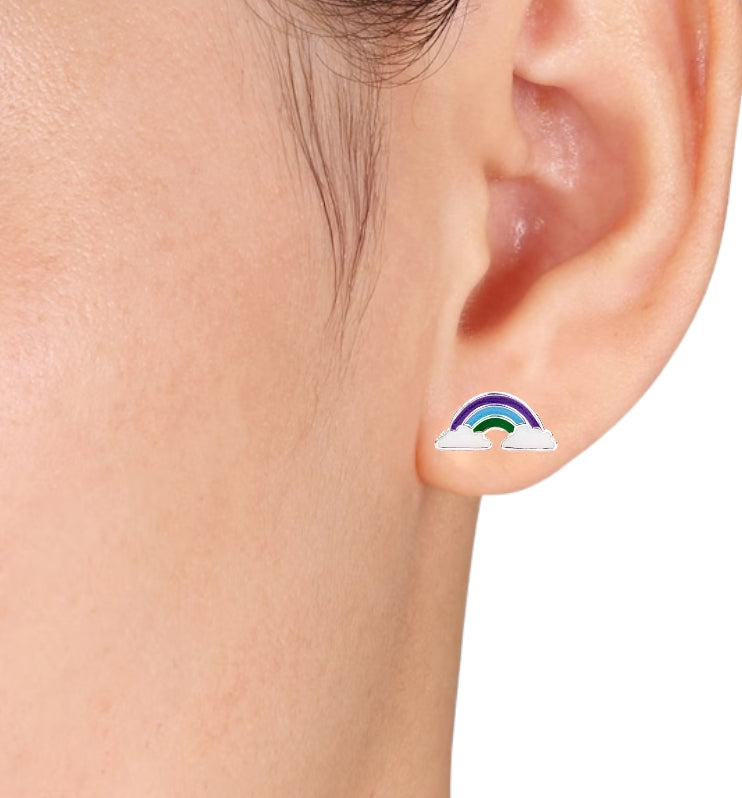 925 Sterling Silver Cute Rainbow Ear Studs Tiny Earrings Enamel Cartilage Ear Studs Gift - 5x11 mm