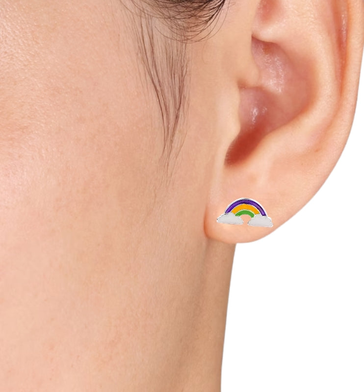 925 Sterling Silver Cute Rainbow Ear Studs Tiny Earrings Enamel Cartilage Ear Studs Gift - 5x11 mm