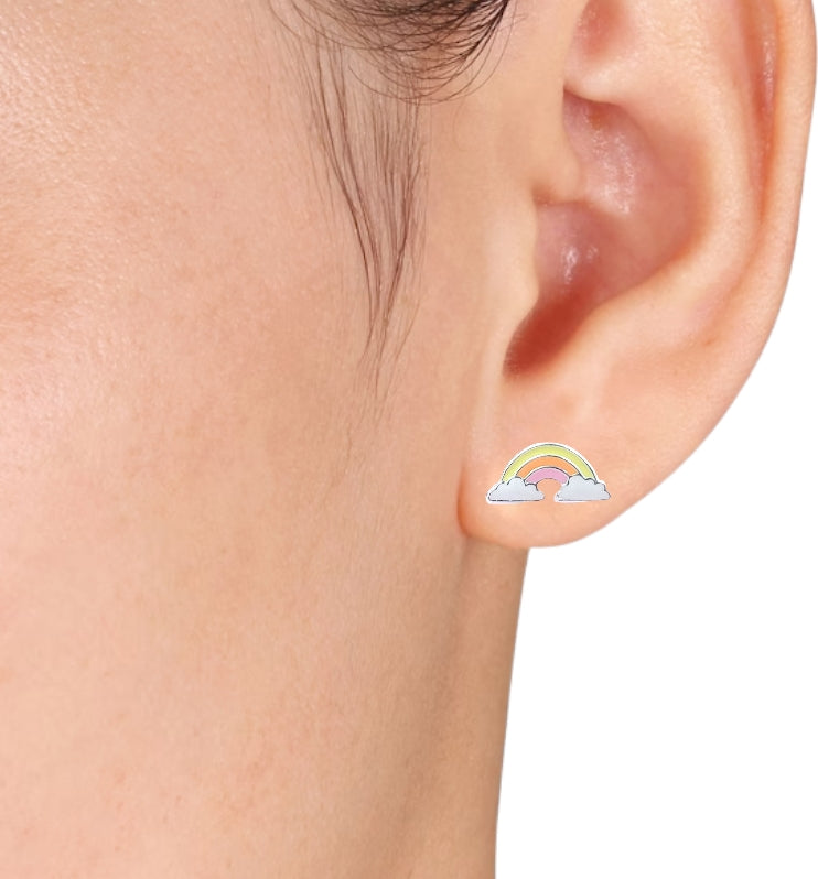 925 Sterling Silver Cute Rainbow Ear Studs Tiny Earrings Enamel Cartilage Ear Studs Gift - 5x11 mm