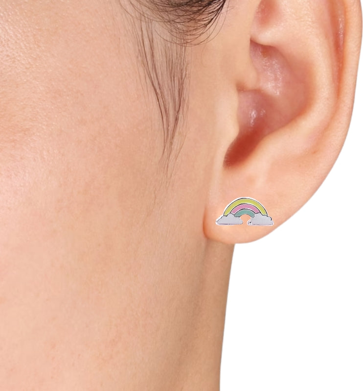 925 Sterling Silver Cute Rainbow Ear Studs Tiny Earrings Enamel Cartilage Ear Studs Gift - 5x11 mm