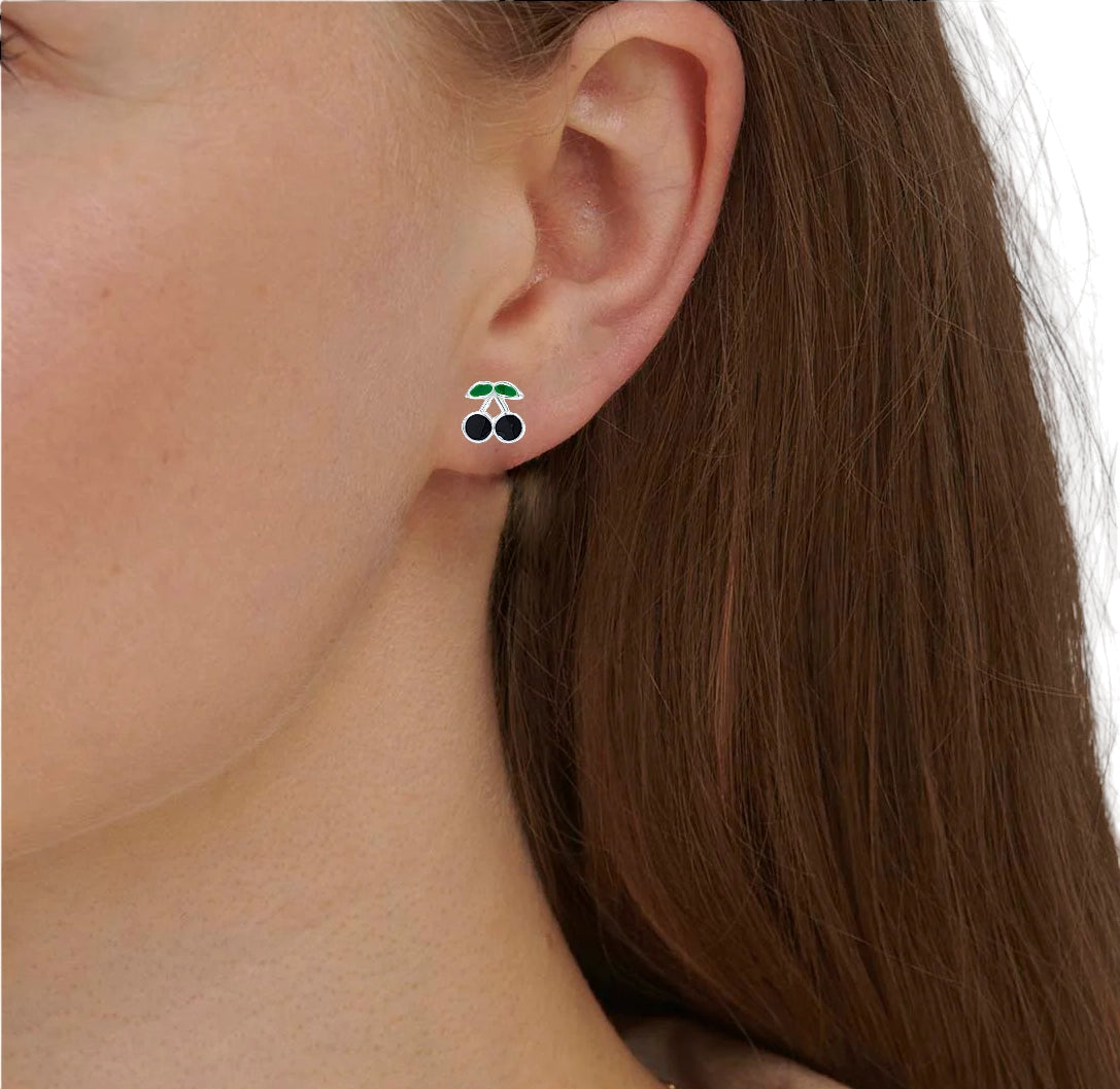 925 Sterling Silver Cute Cherry Ear Studs Tiny Earrings Fruit Enamel Ear Studs Earrings Handmade Gift For Women