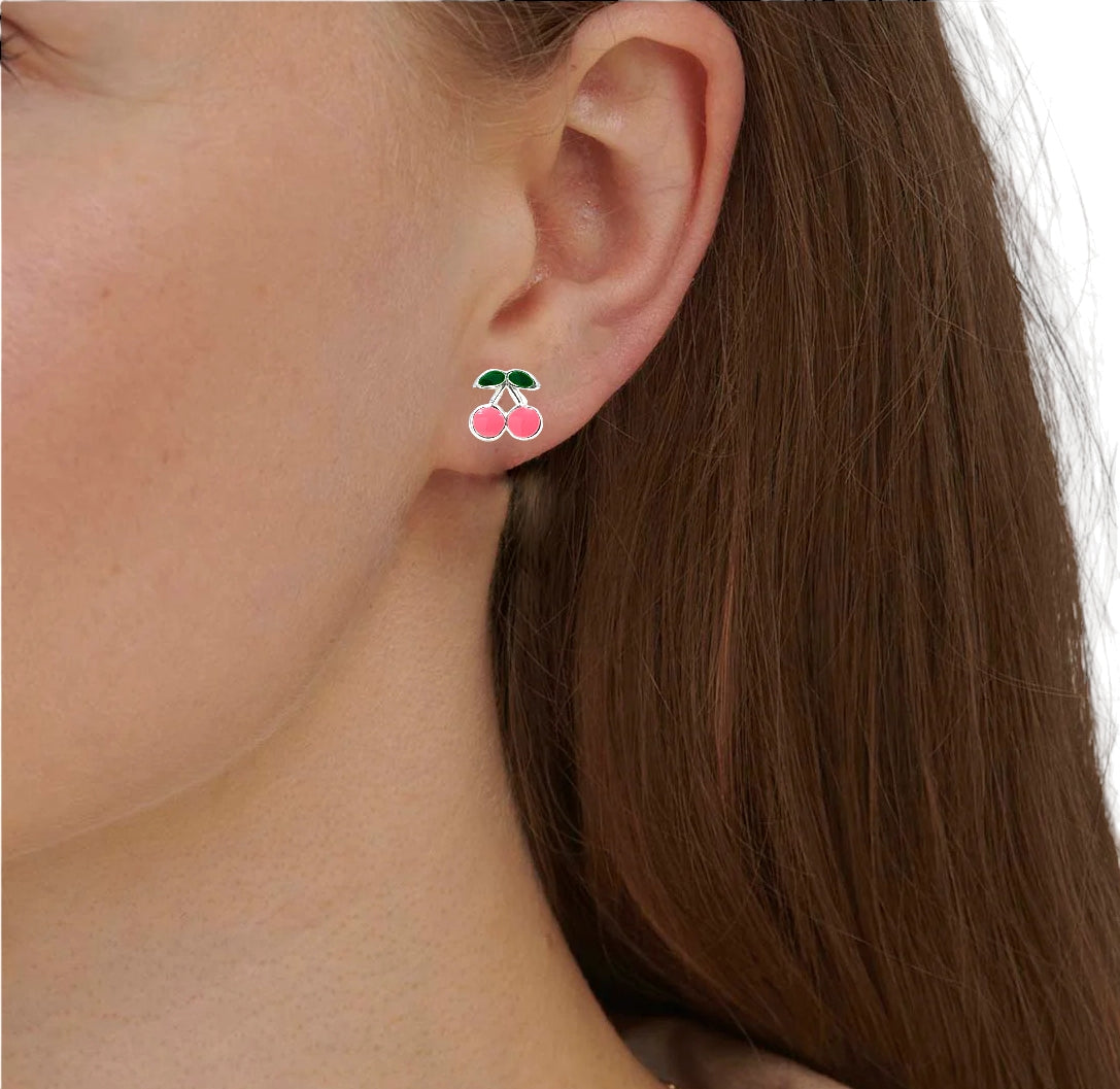 925 Sterling Silver Cute Cherry Ear Studs Tiny Earrings Fruit Enamel Ear Studs