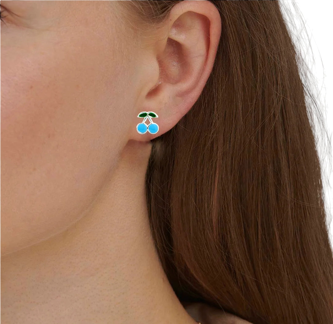 925 Sterling Silver Cute Cherry Ear Studs Tiny Earrings Fruit Enamel Ear Studs