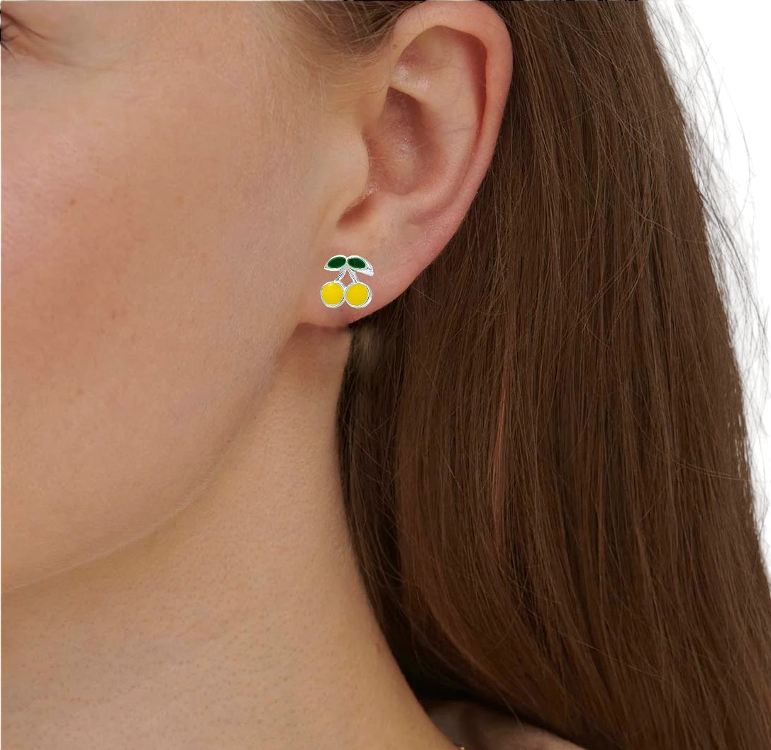 925 Sterling Silver Cute Cherry Ear Studs Tiny Earrings Fruit Enamel Ear Studs