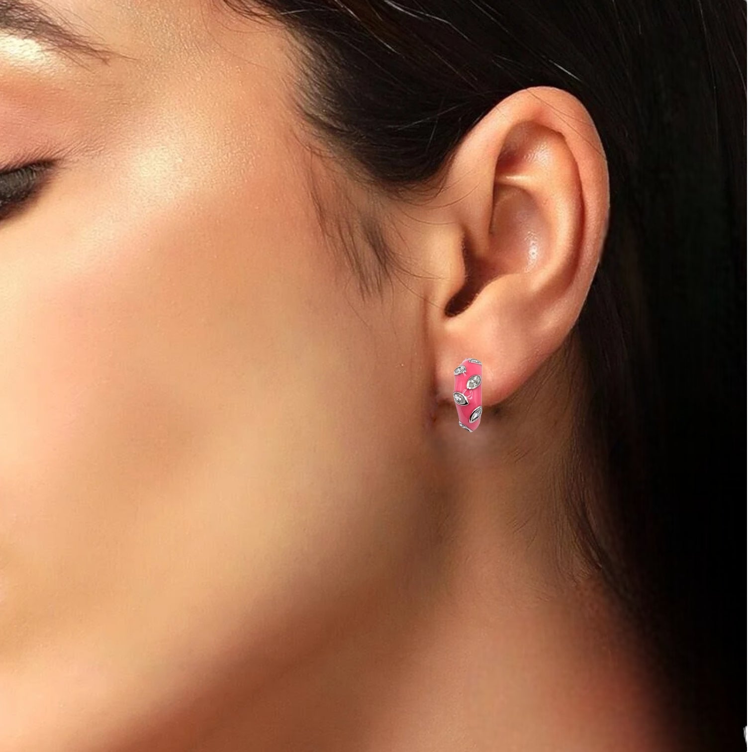 Quirky Enamel Hoops Petal CZ Chunky Bold Hoop Earring 13x4 mm
