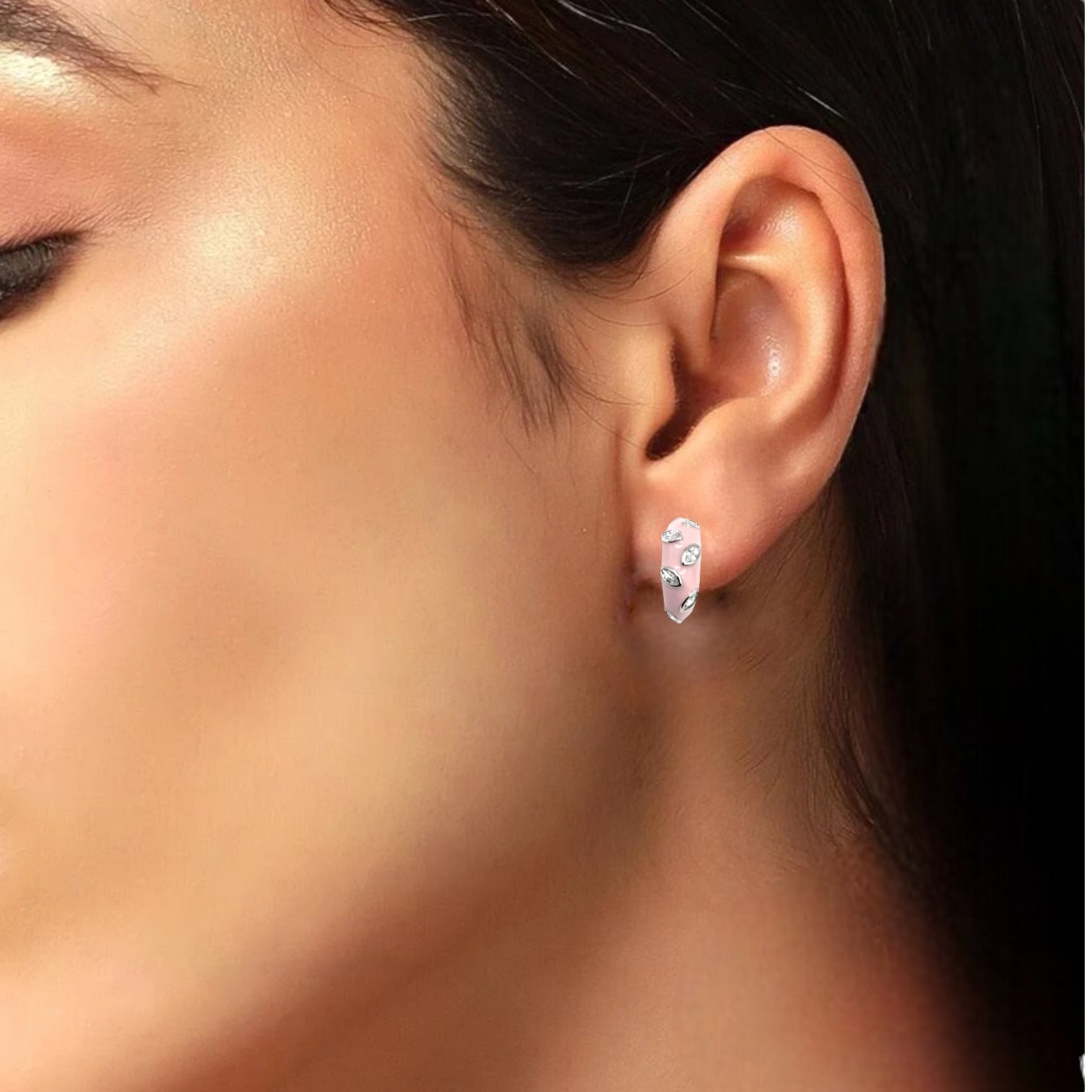 Quirky Enamel Hoops Petal CZ Chunky Bold Hoop Earring 13x4 mm
